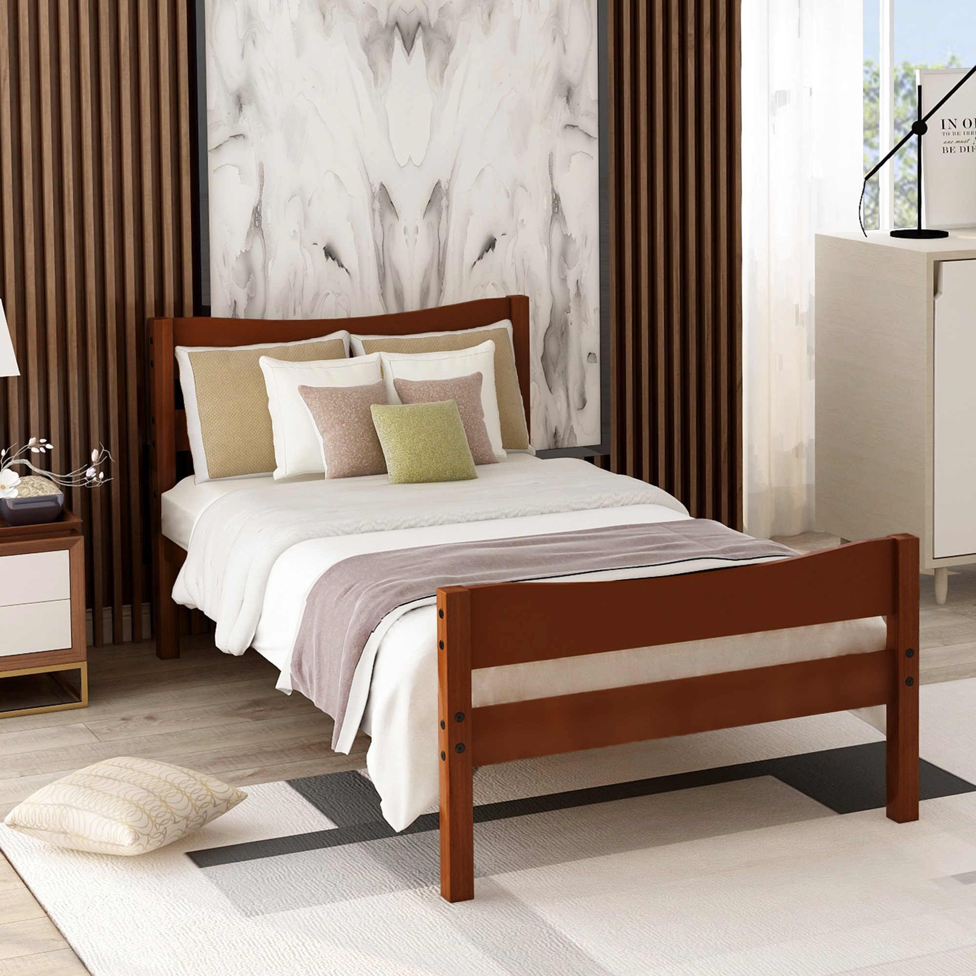 【Not allowed to sell to Walmart】Twin Size  Wood Platform Bed with Headboard and Wooden Slat Support (Walnut)-Boyel Living