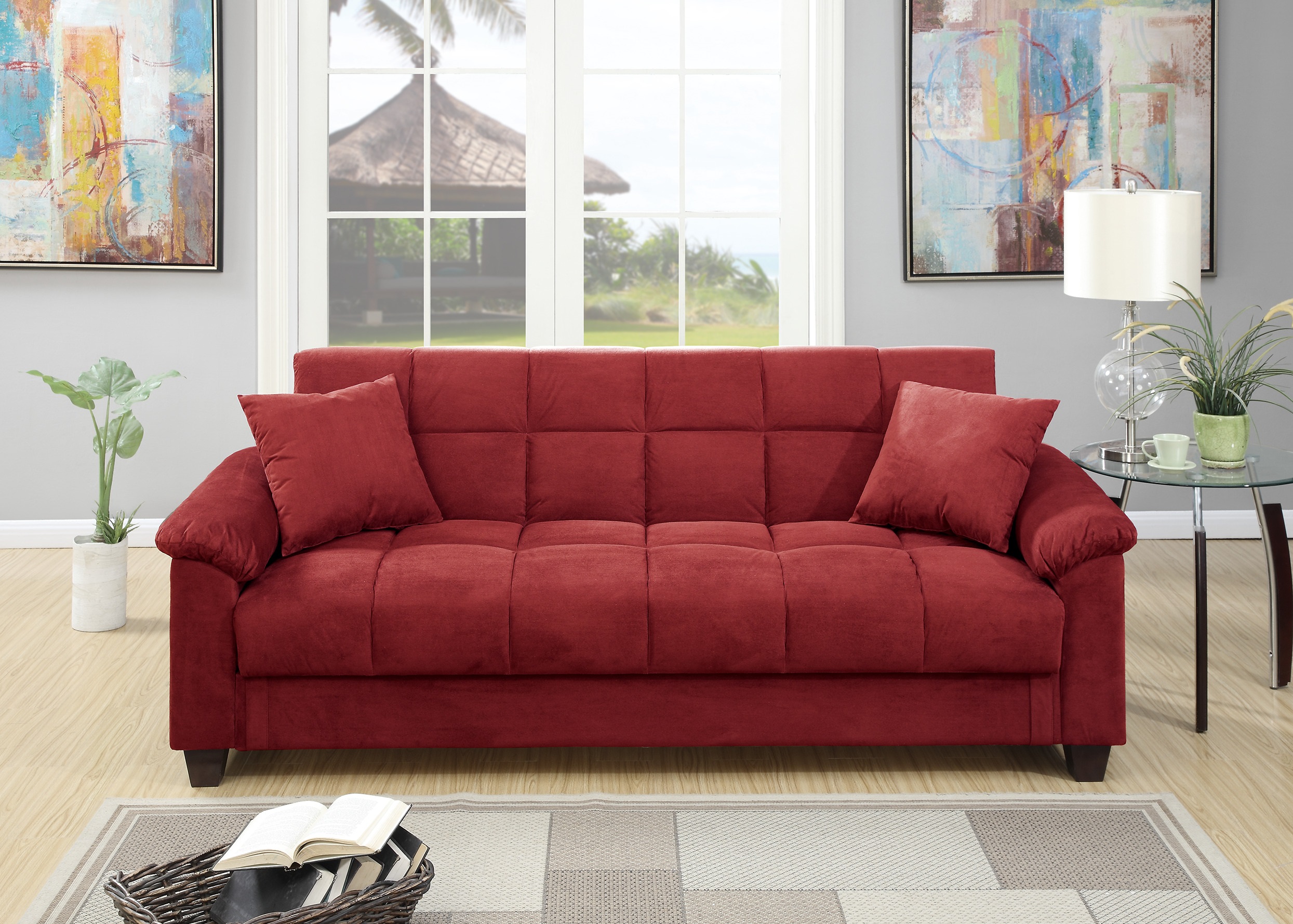 Contemporary Living Room Adjustable Sofa Red Color Microfiber Plush Storage Couch 1pc Futon Sofa w Pillows-Boyel Living