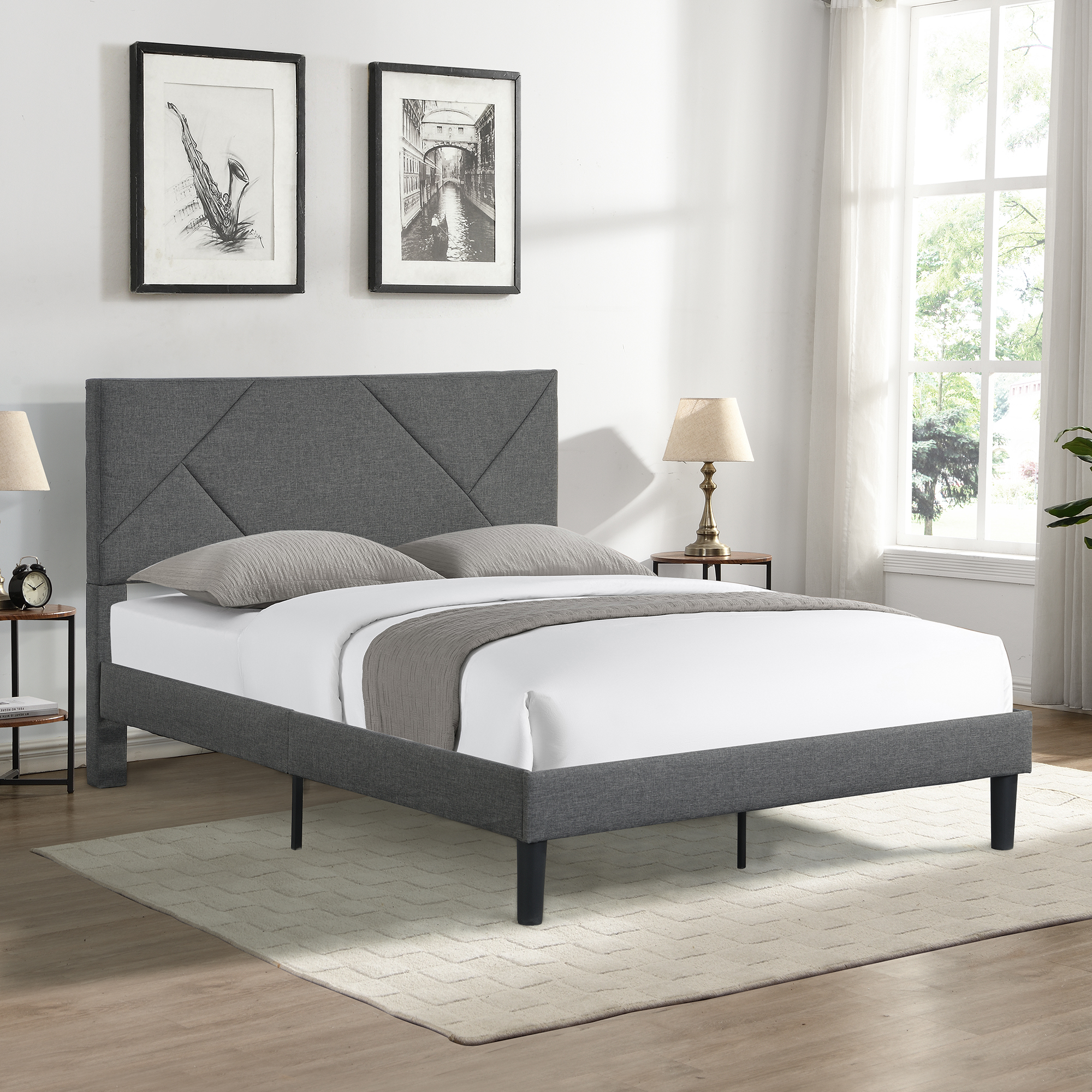 Queen Size Upholstered Platform Bed Frame with Headboard, Strong Wood Slat Support, Mattress Foundation, No Box Spring Needed, Easy Assembly, Gray-Boyel Living