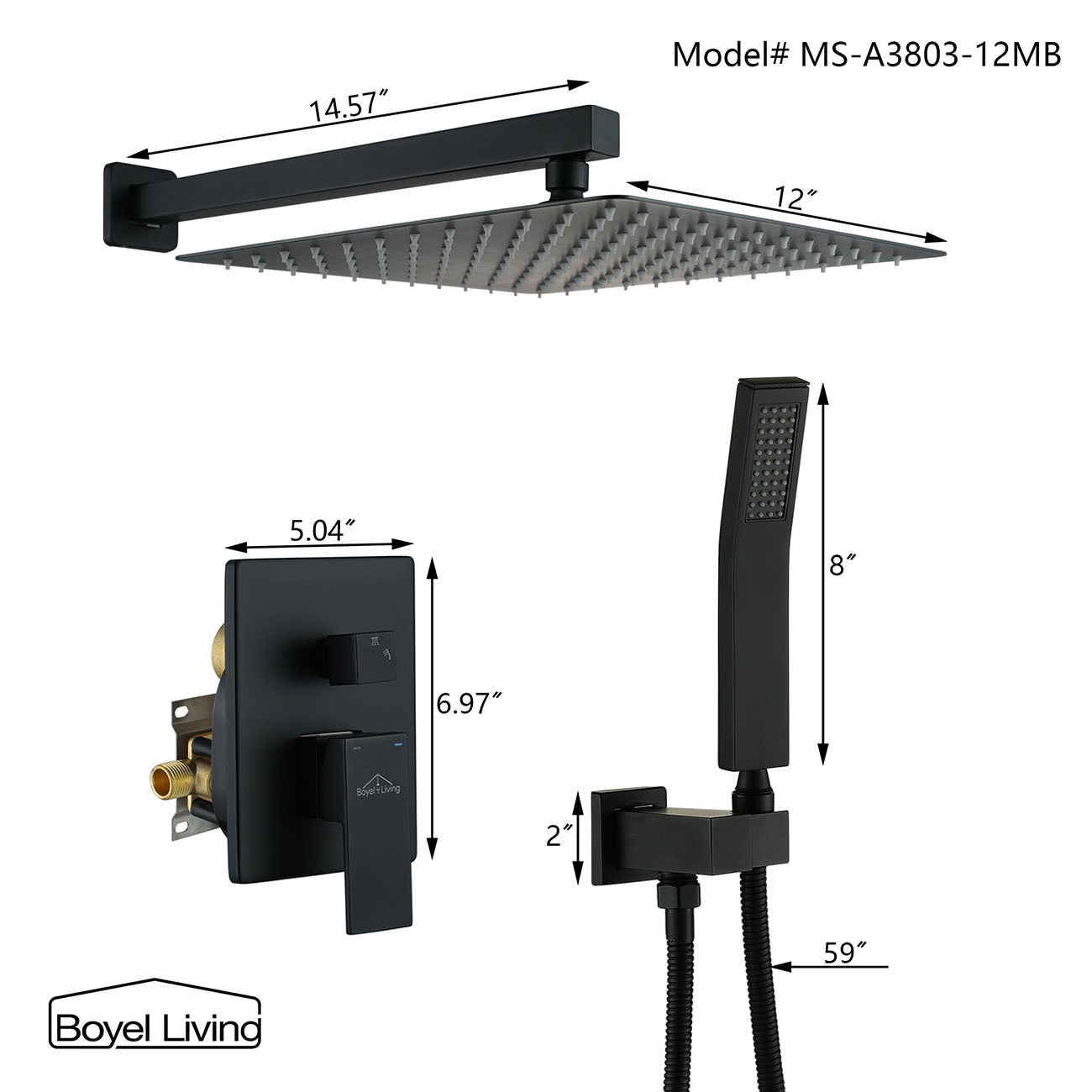 Boyel Living 1-Spray Patterns with 2.5 GPM 12 in. Wall Mount Dual Shower Heads, Shower System with Mixing Valve Included-Boyel Living