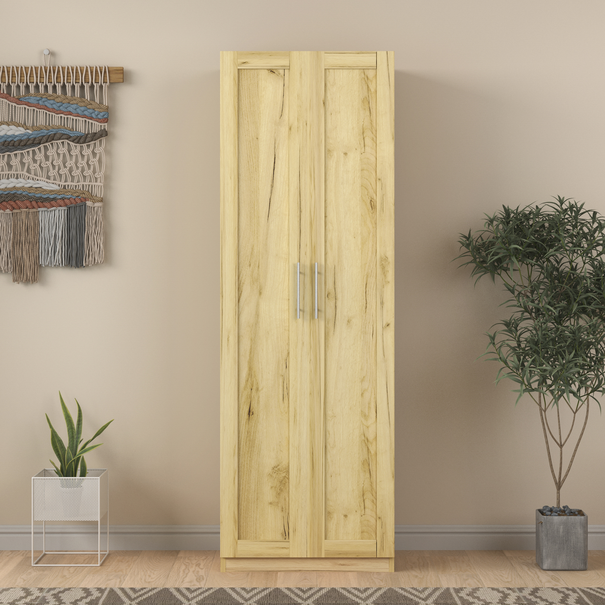 High wardrobe and kitchen cabinet with 2 doors and 3 partitions to separate 4 storage spaces,Oak-Boyel Living