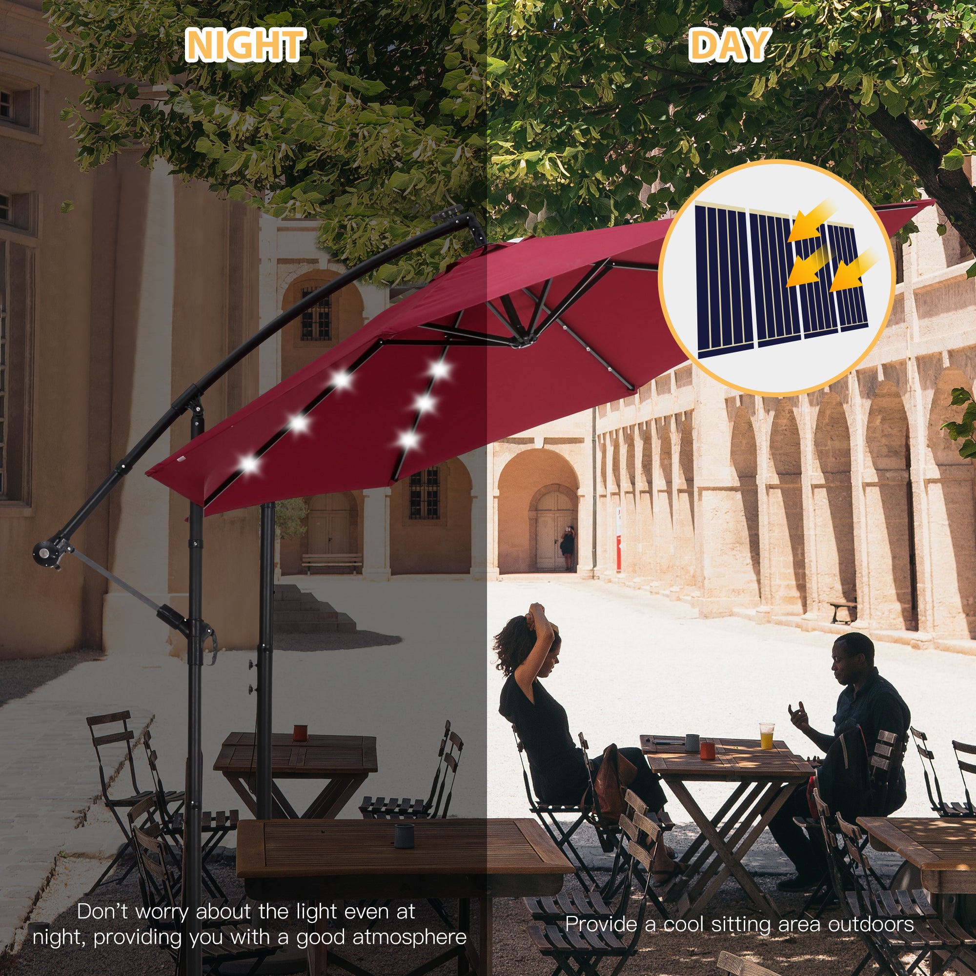 10 FT Solar LED Patio Outdoor Umbrella Hanging Cantilever Umbrella Offset Umbrella Easy Open Adustment with 24 LED Lights - Burgundy-Boyel Living