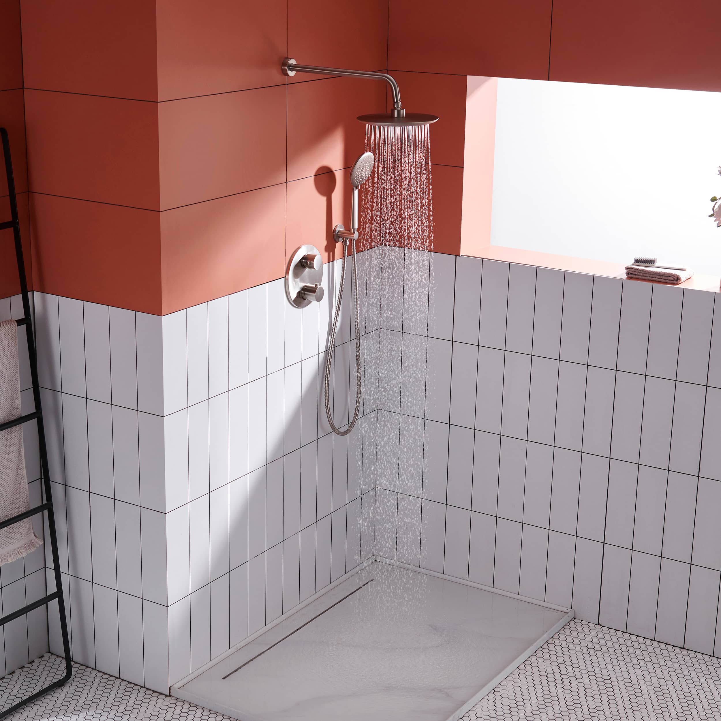 Wall Mount Thermostatic Round Rain Shower System with 5 Spray Patterns Handheld Shower in Brushed Nickel-Boyel Living