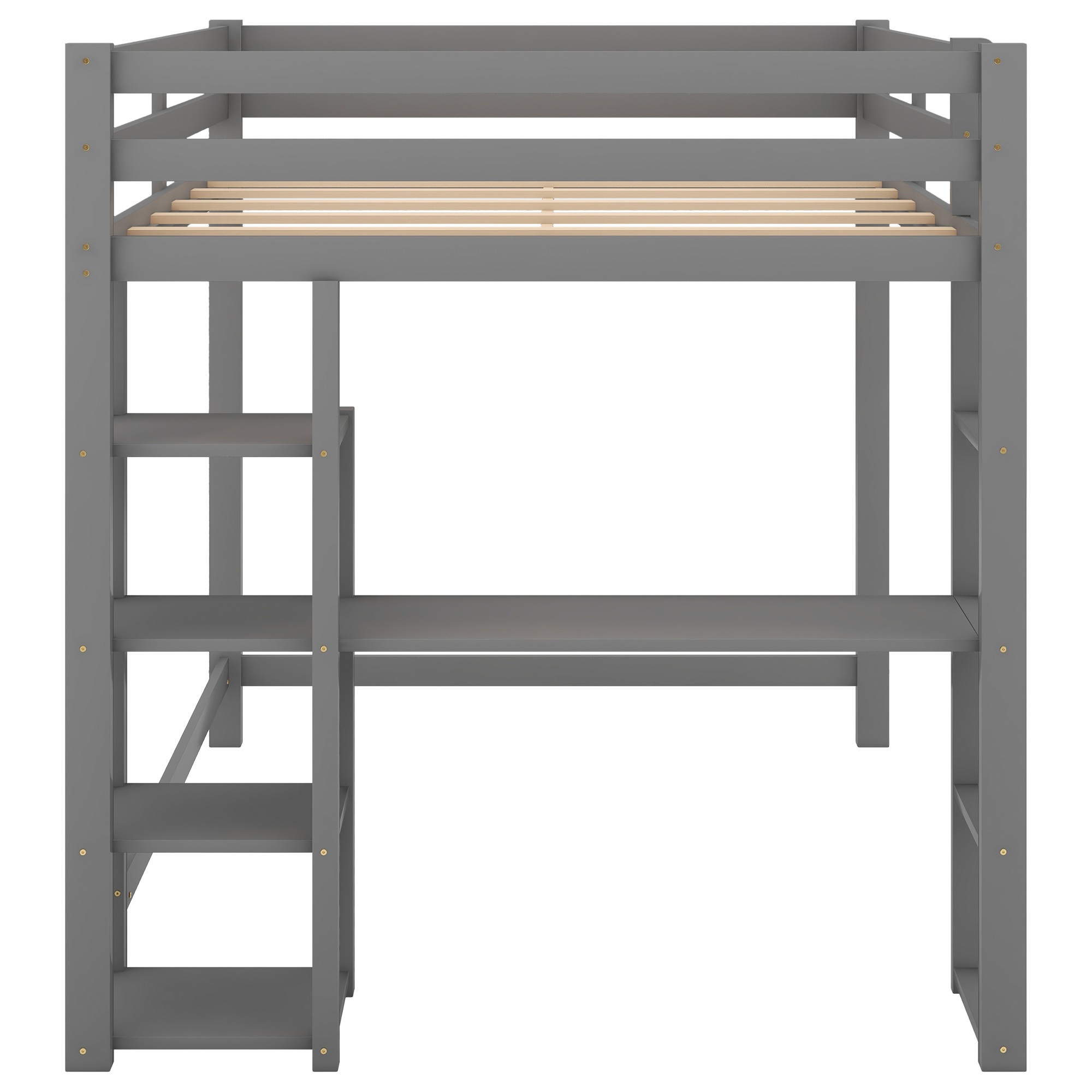 Full Size Loft Bed with Built-in Desk and Shelves,White/Gray