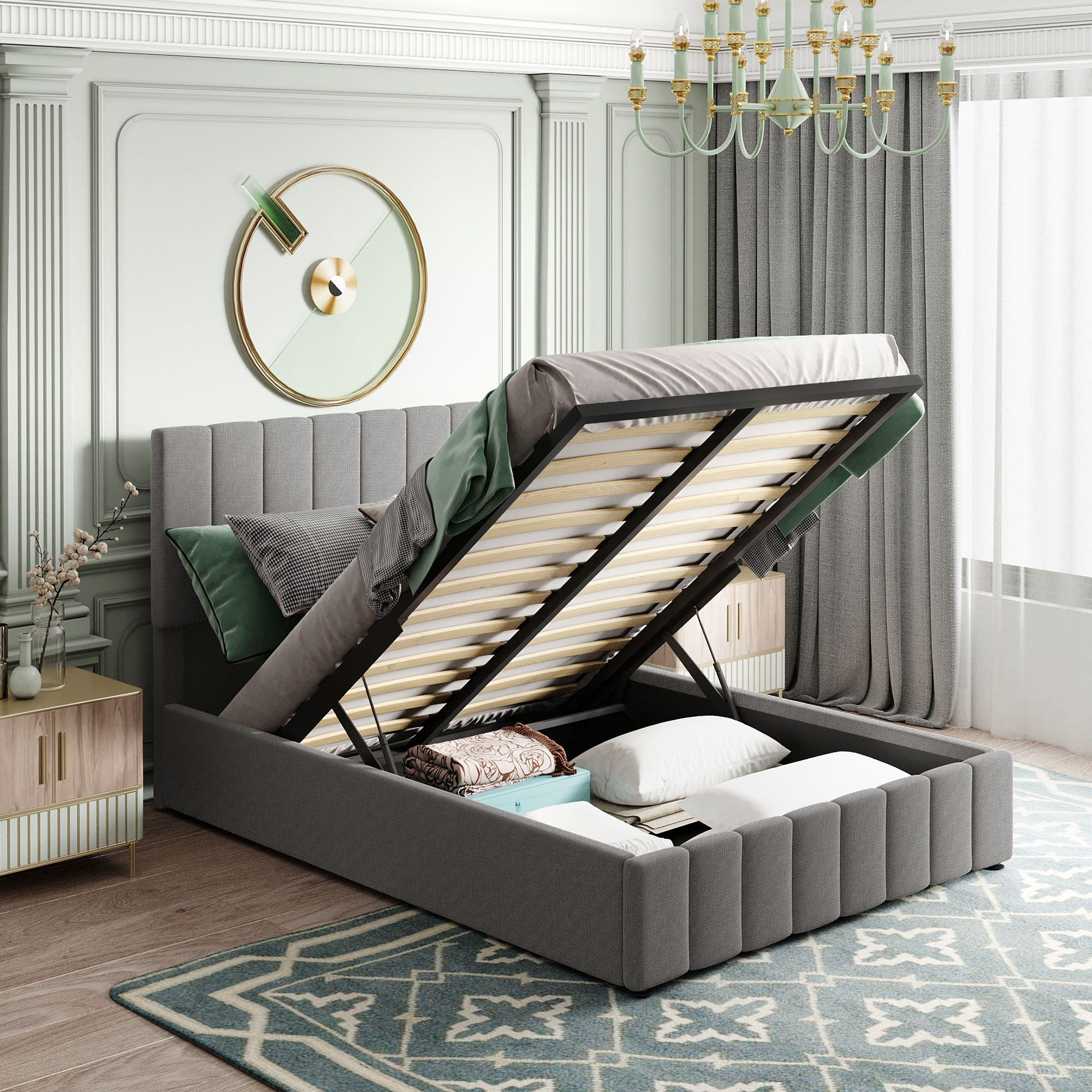 Full size Upholstered Platform bed with a Hydraulic Storage System - Gray-Boyel Living