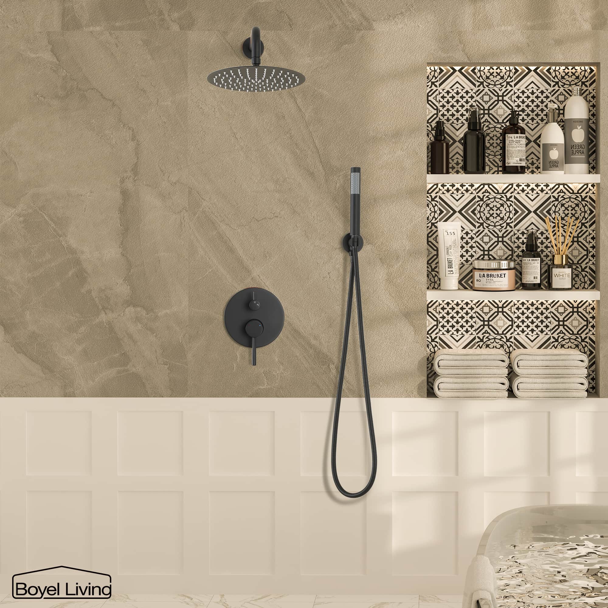 Boyel Living Wall Mounted Round Shower System With Handheld Shower Head in Matte Black-Boyel Living