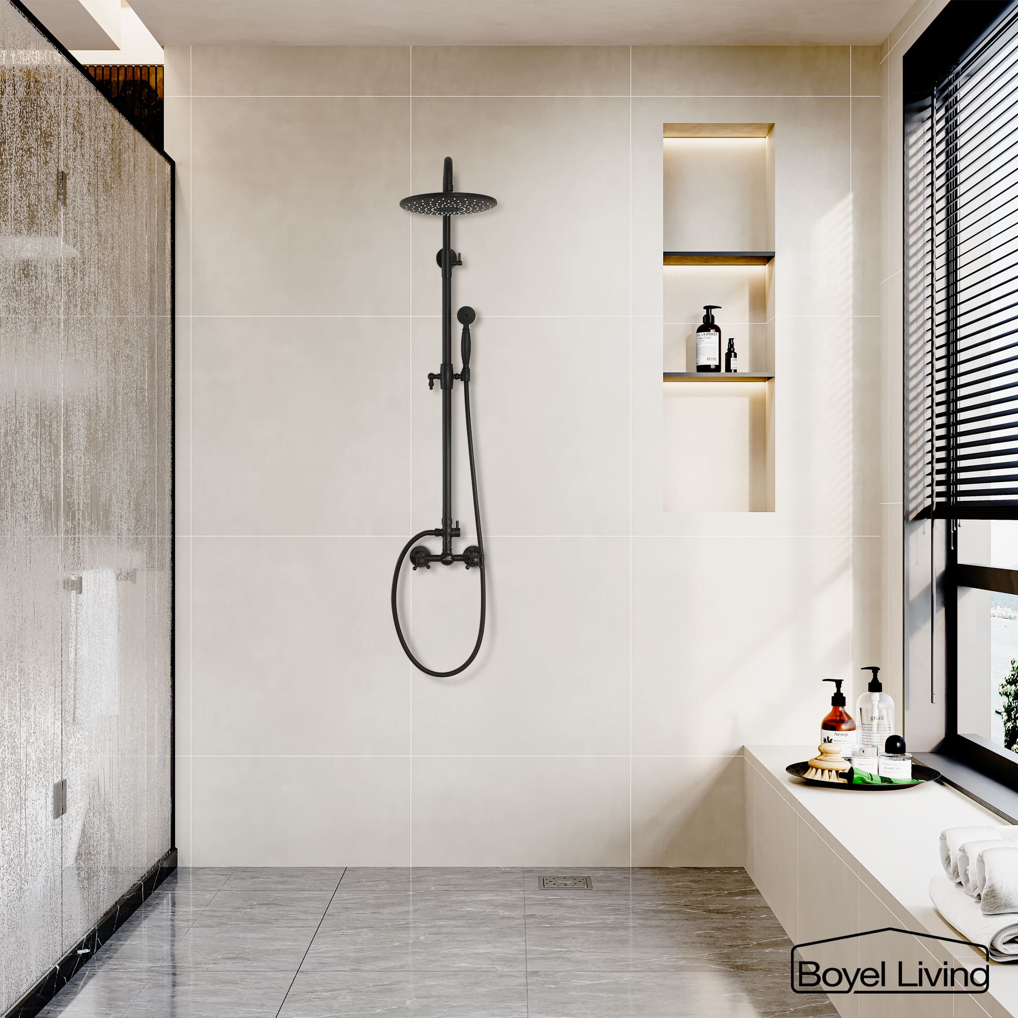 Boyel Living Wall Mount Complete Shower System Dual Shower Heads in Matte Black-Boyel Living
