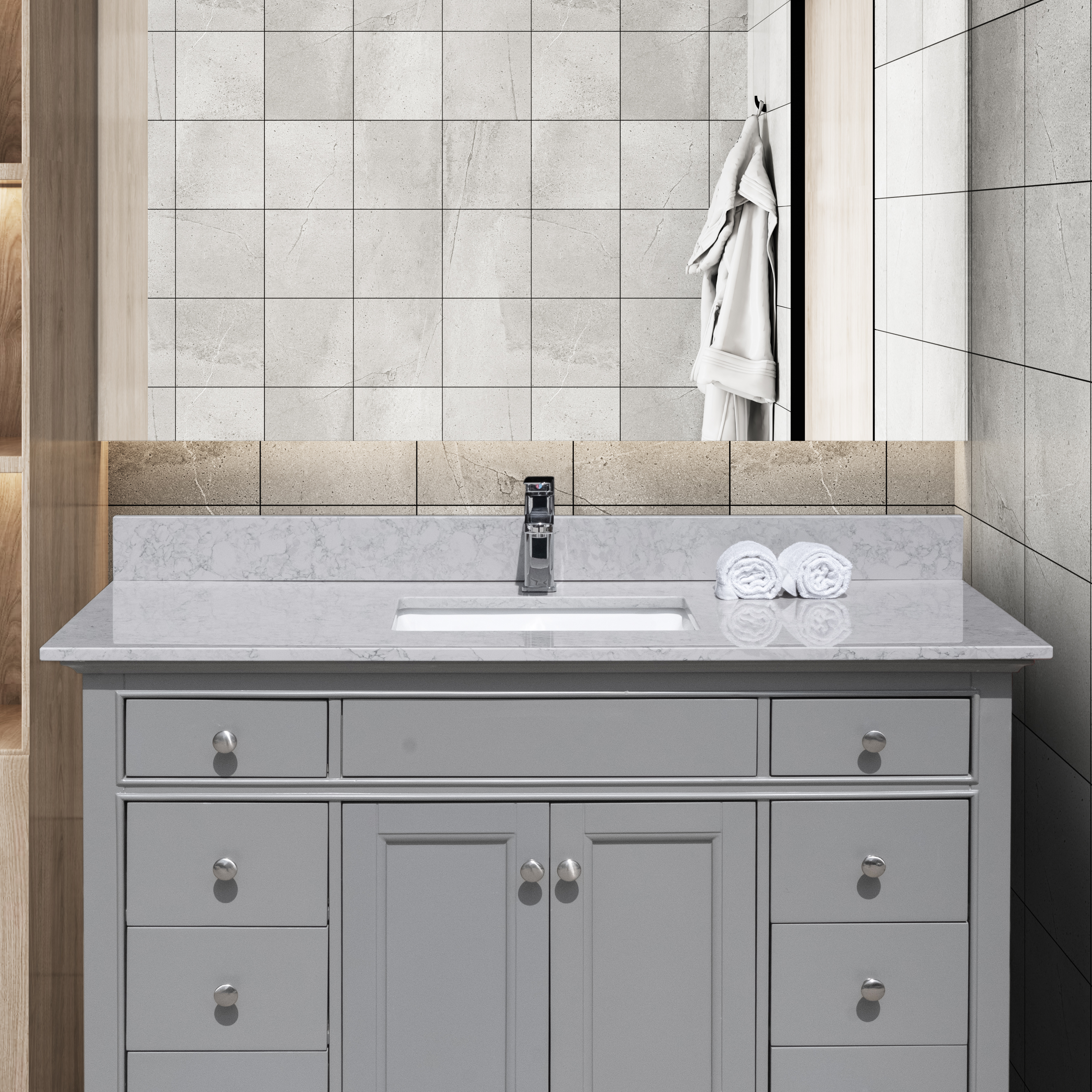 Montary 49 inches bathroom stone vanity top calacatta gray engineered marble color with undermount ceramic sink and single faucet hole with backsplash-Boyel Living