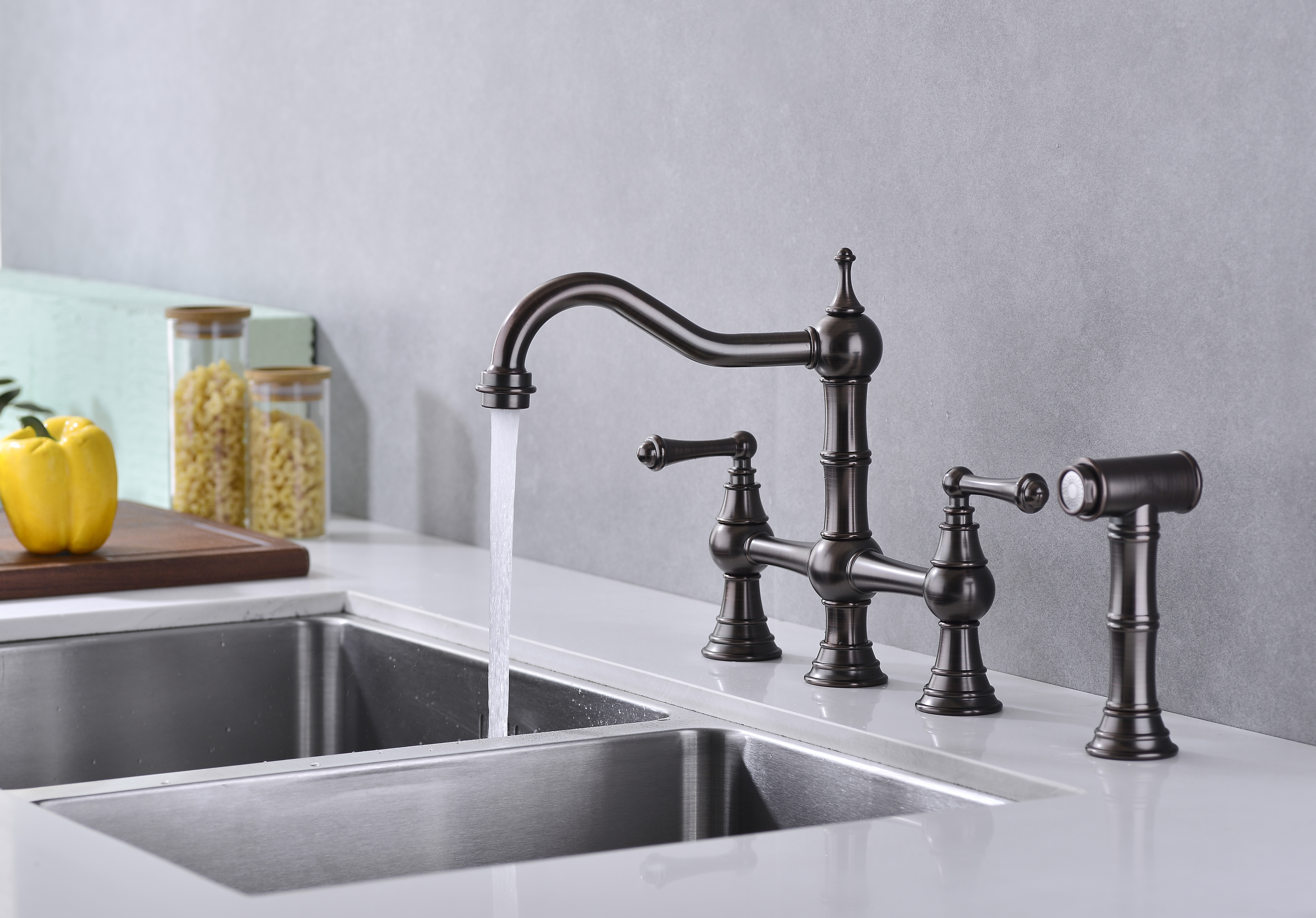  Double Handle Bridge Kitchen Faucet with Brass Side Sprayer in Bronze, 4-Holes Kitchen Faucet