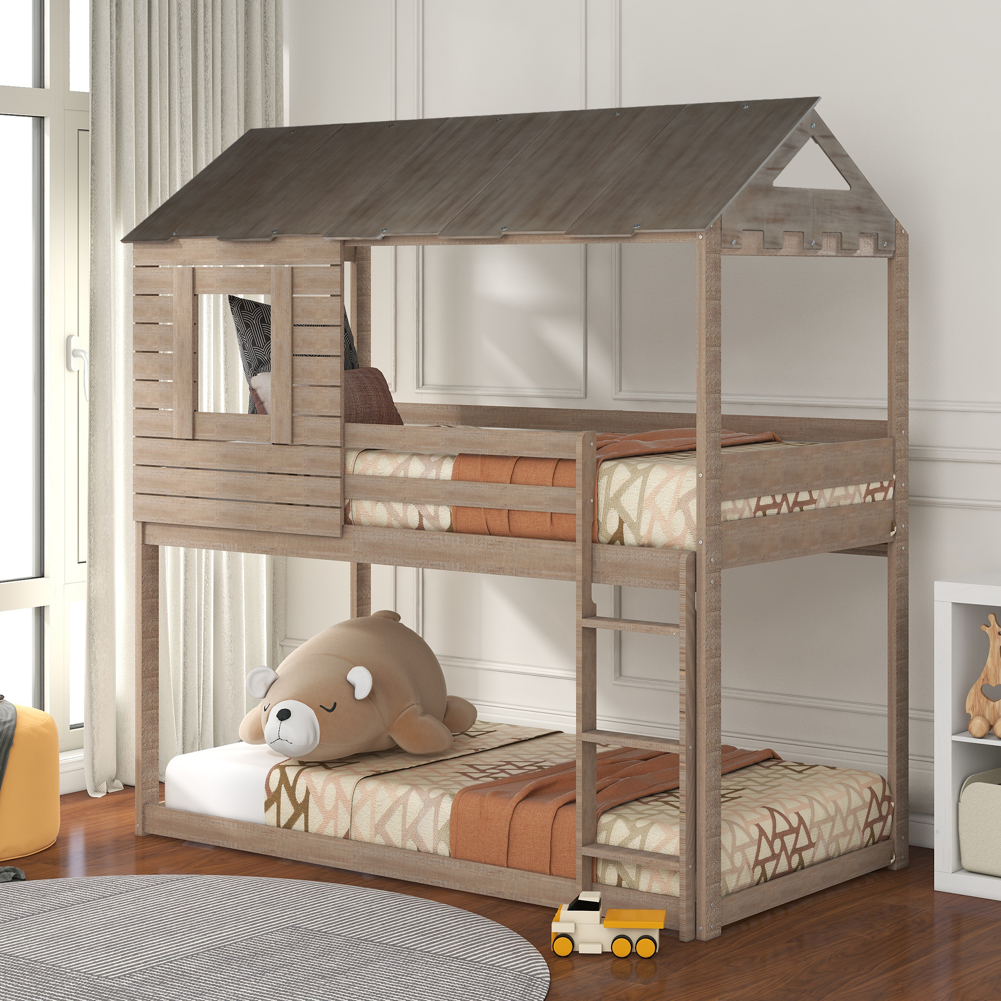 Twin Over Twin Bunk Bed Wood Loft Bed with Roof, Window, Guardrail, Ladder (Antique Gray)-Boyel Living