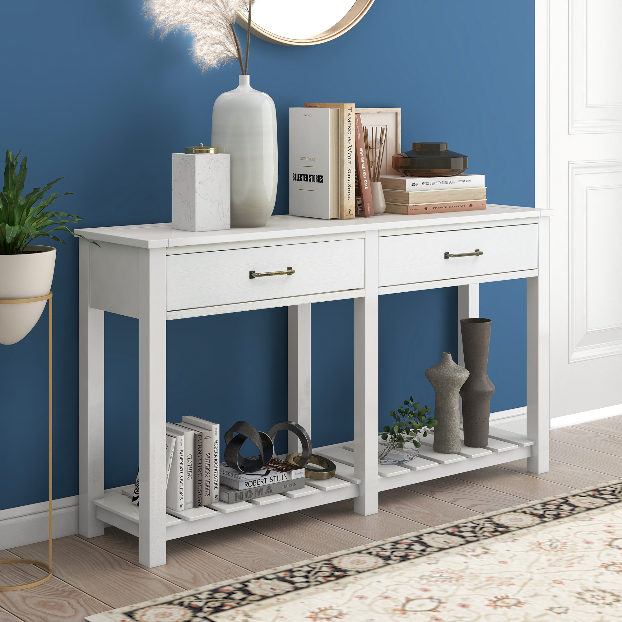 Classic Solid Console Table with 2 Drawers and Slatted Shelf, Entryway Table with Storage, Living Room, Hallway (White)-Boyel Living