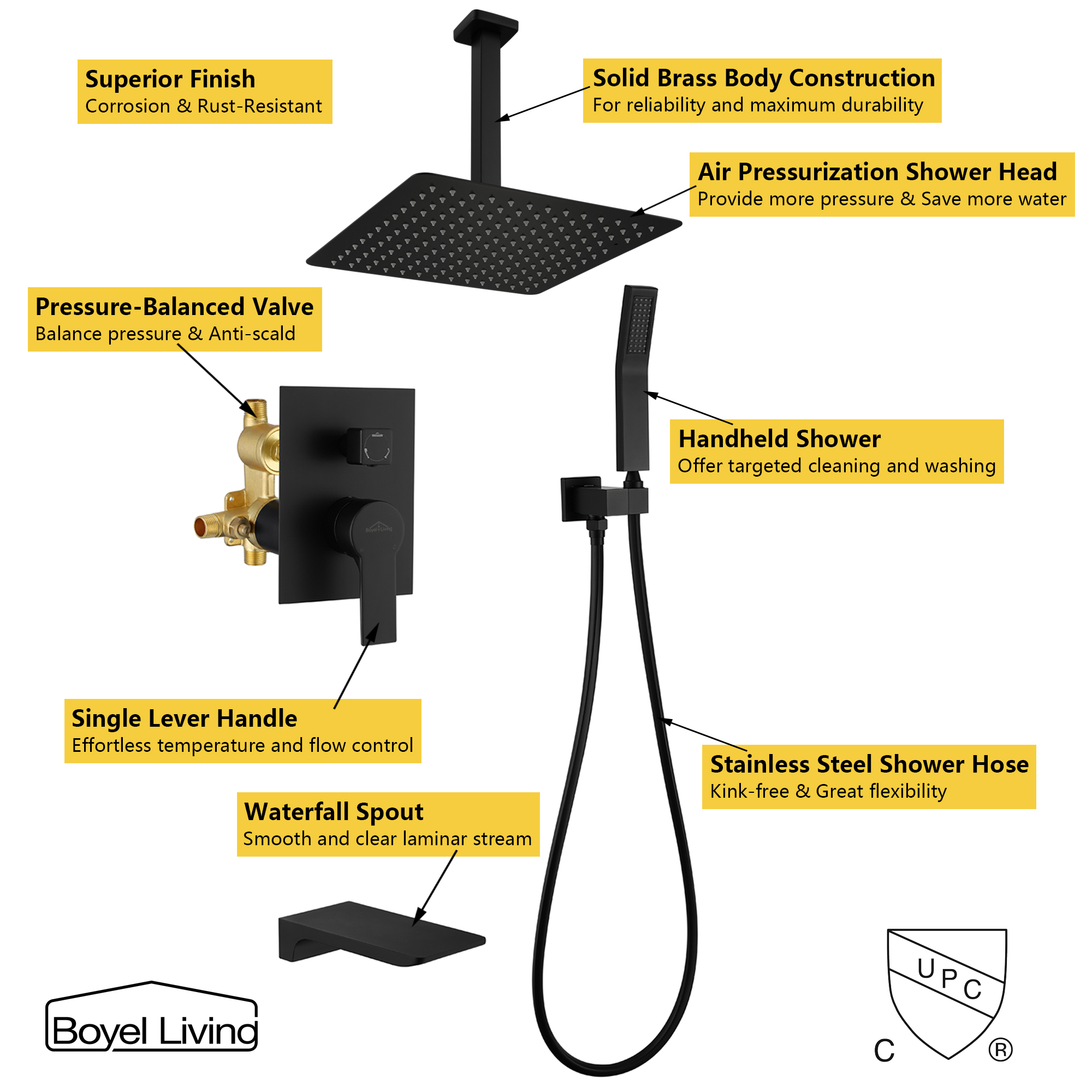 Ceiling Mount Single-Handle 1-Spray Tub and Shower Faucet with 12 in. Fixed Shower Head in Matte Black (Valve Included)