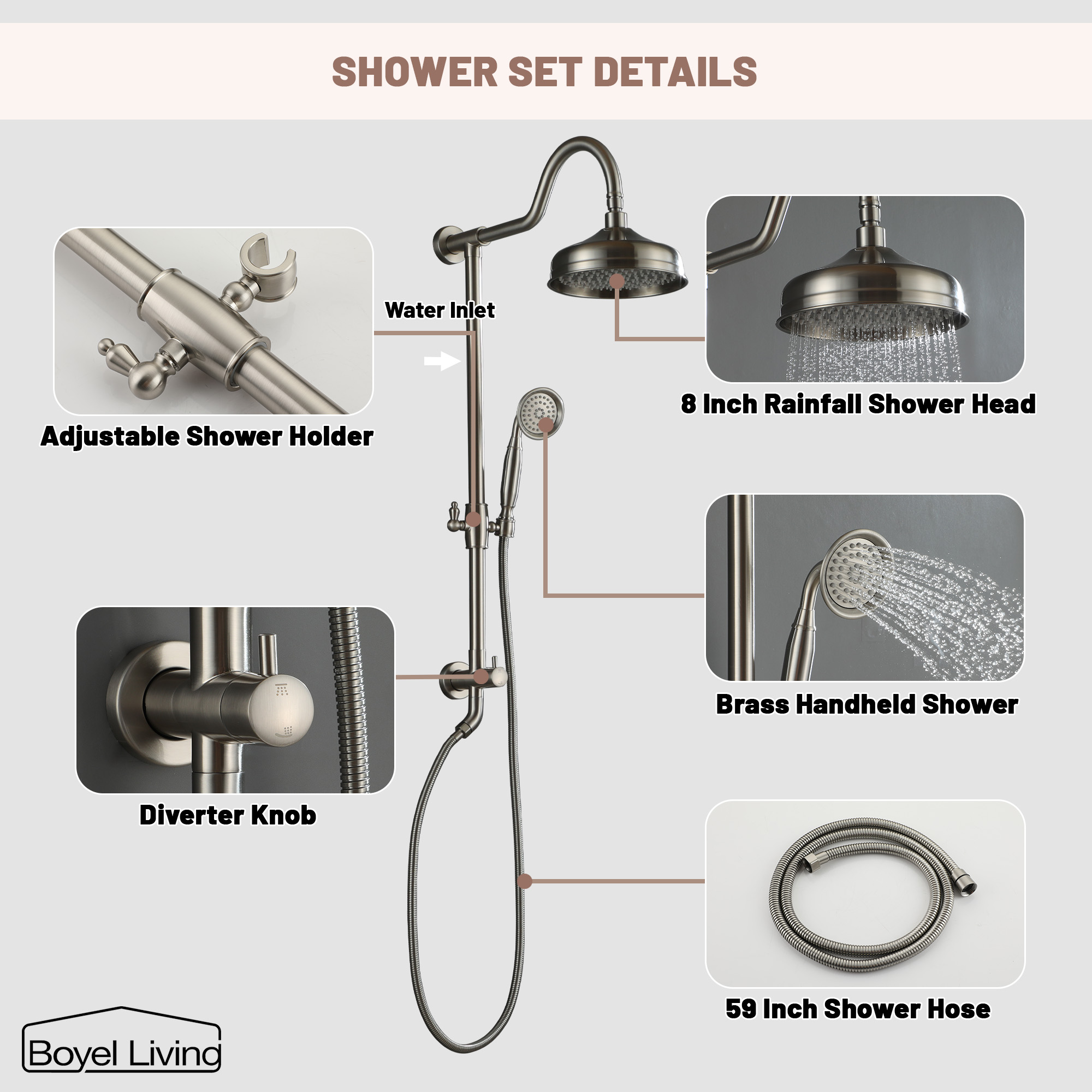 Boyel Living 2.5 GPM 8 in. Wall Mount Shower Head System with Handheld Shower Set Details
