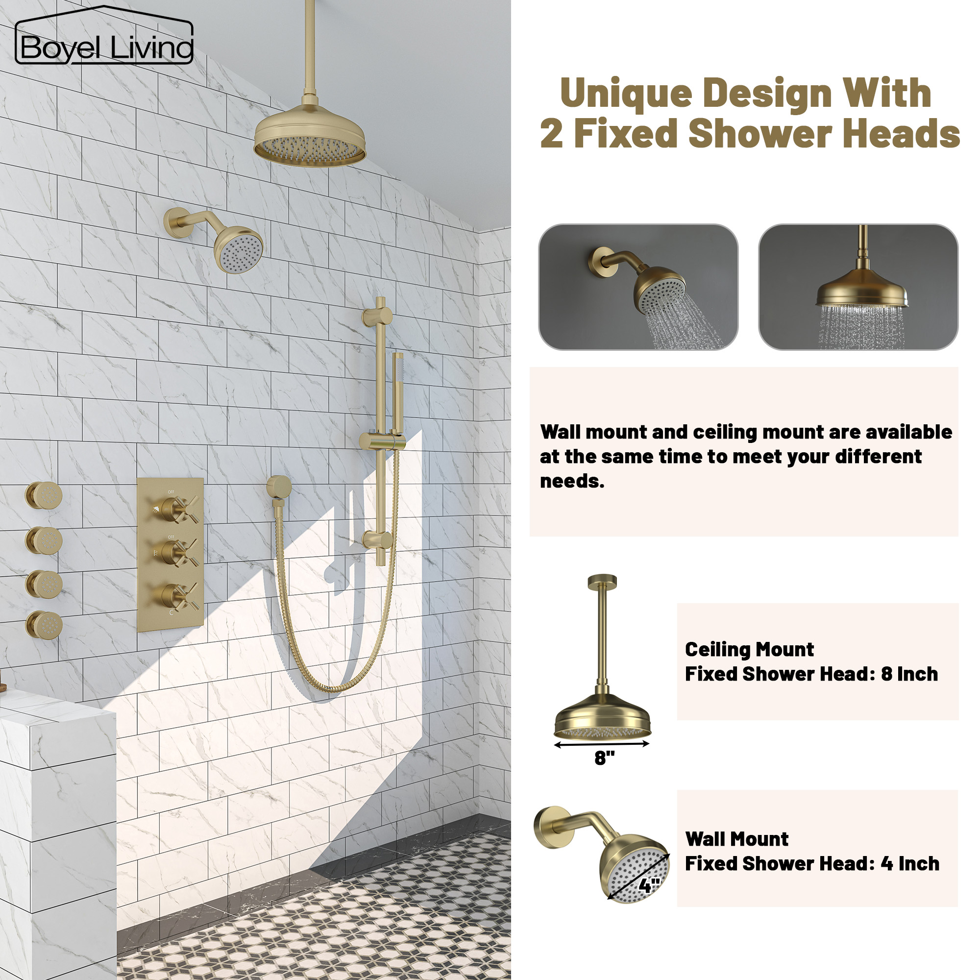 Boyel Living Fixed Dual Shower Head System with Handheld and Body Spray