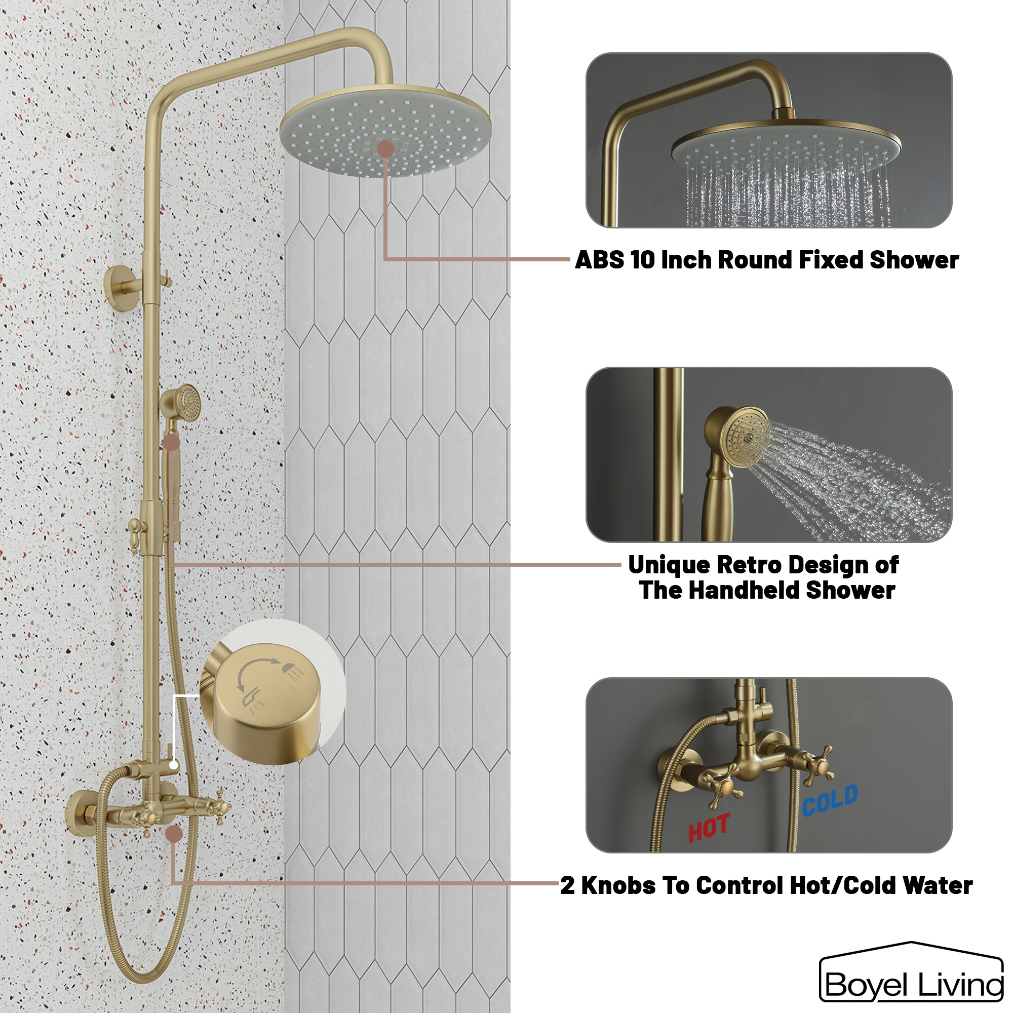 Boyel Living Rainfall Shower System with 2.5 GPM 8 in. Dual Shower Heads in Brushed Gold