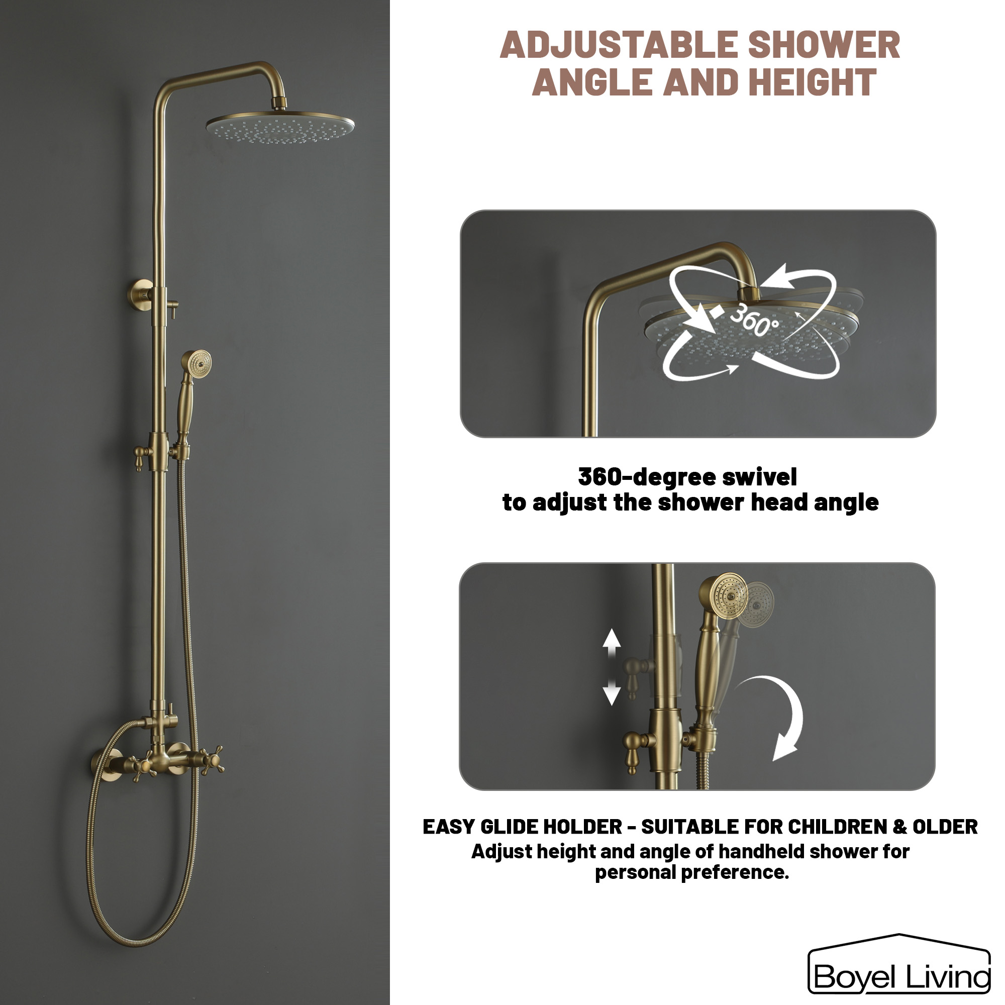 Boyel Living Wall Mount Shower System with Adjustable Angle and Height Dual Shower Heads in Brushed Gold