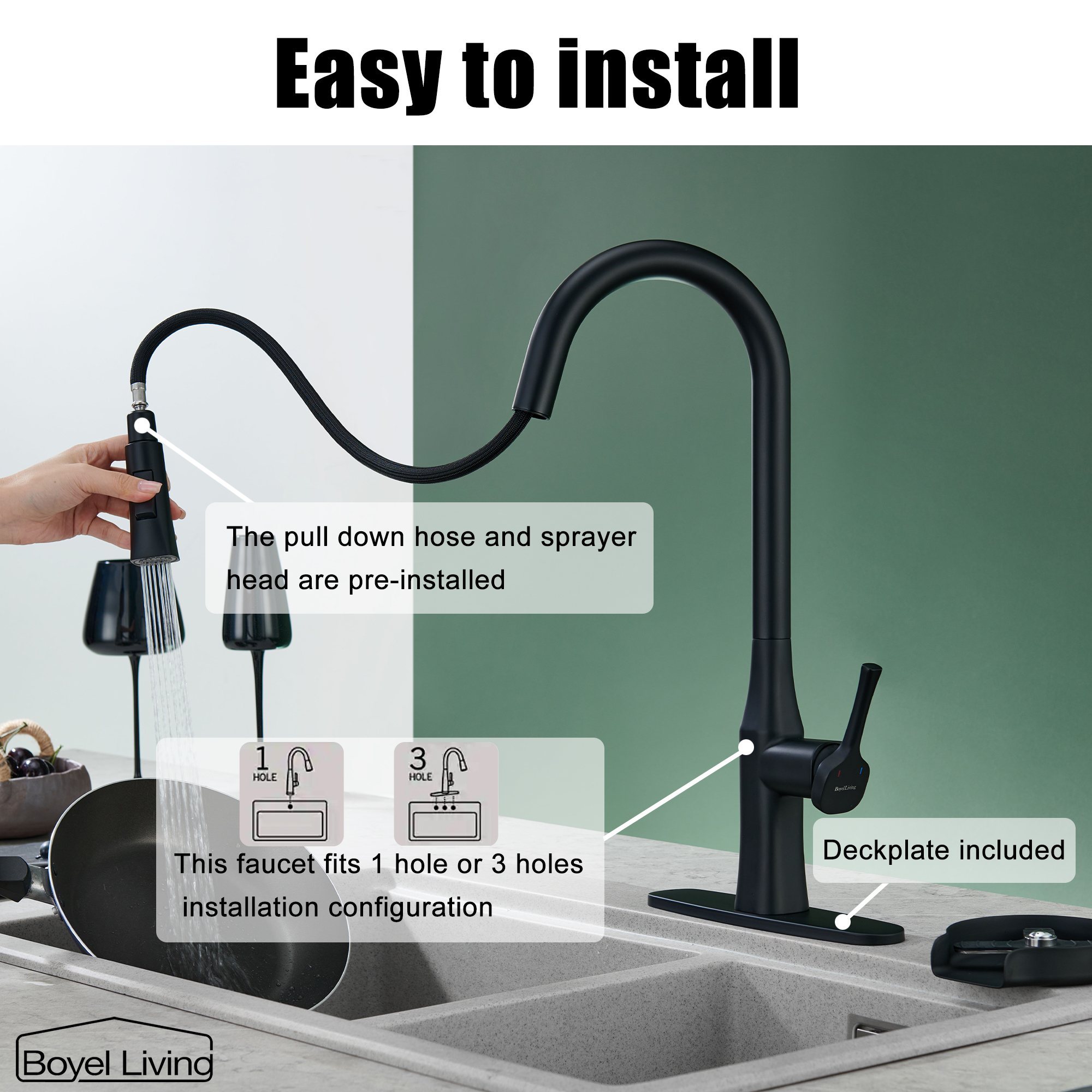 Boyel Living Single Handle Pull Down Sprayer Kitchen Faucet