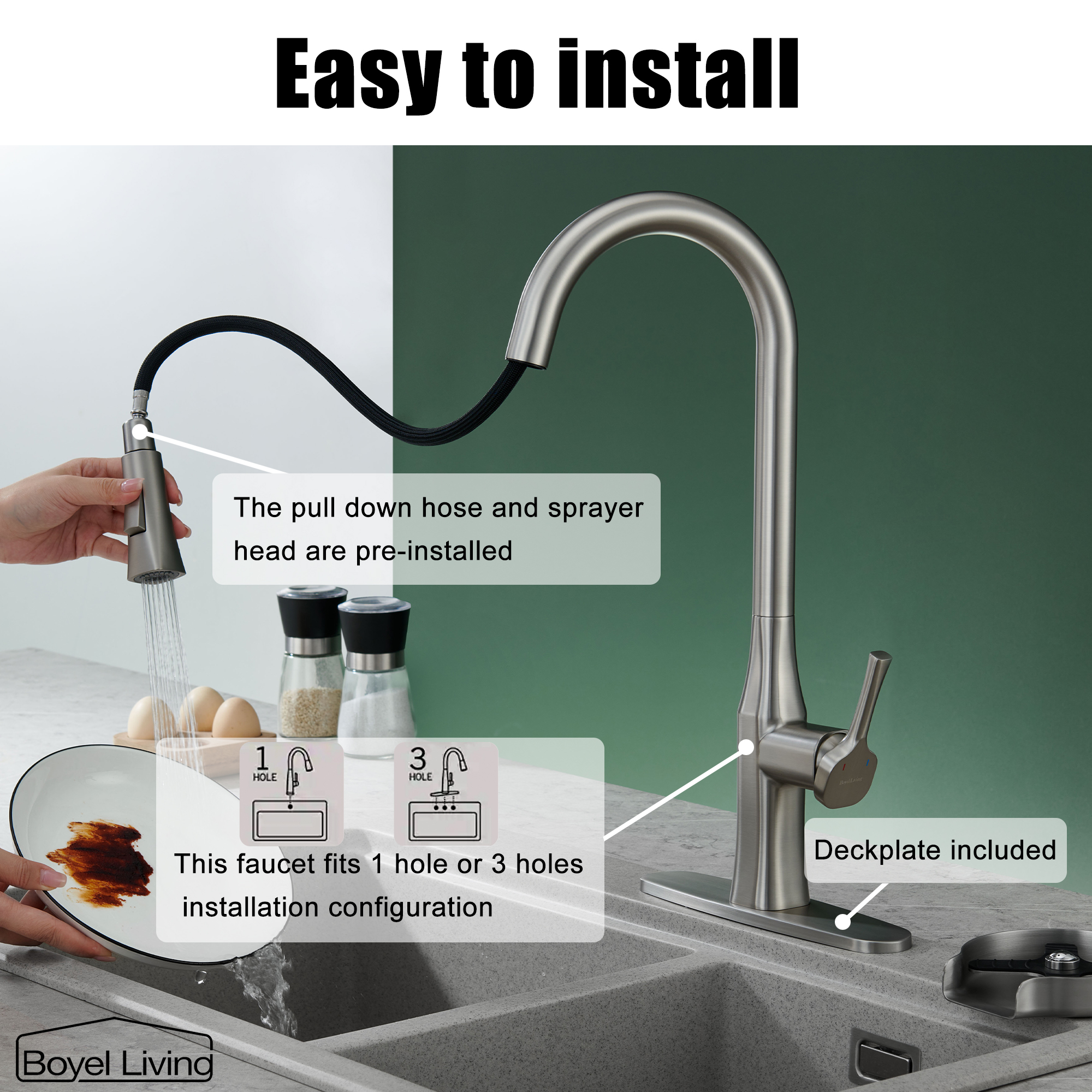 Boyel Living Single Handle Pull Down Sprayer Kitchen Faucet
