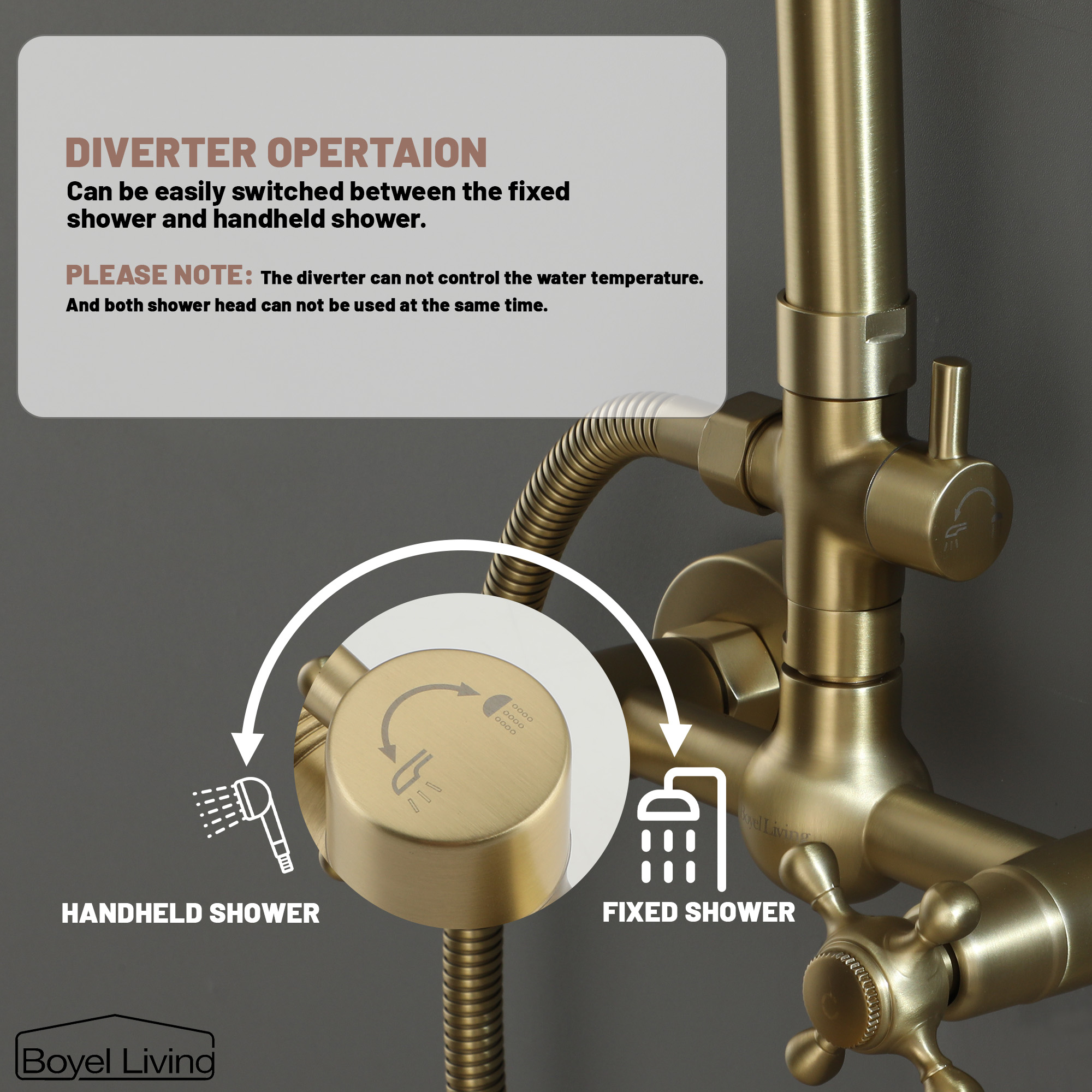 Boyel Living Wall Mount Complete Shower System with Dual Shower Heads in Brushed Gold