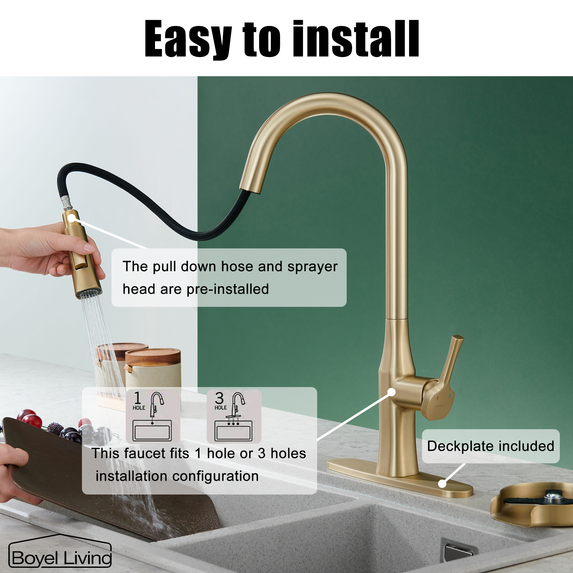 Boyel Living Single Handle Pull Down Sprayer Kitchen Faucet