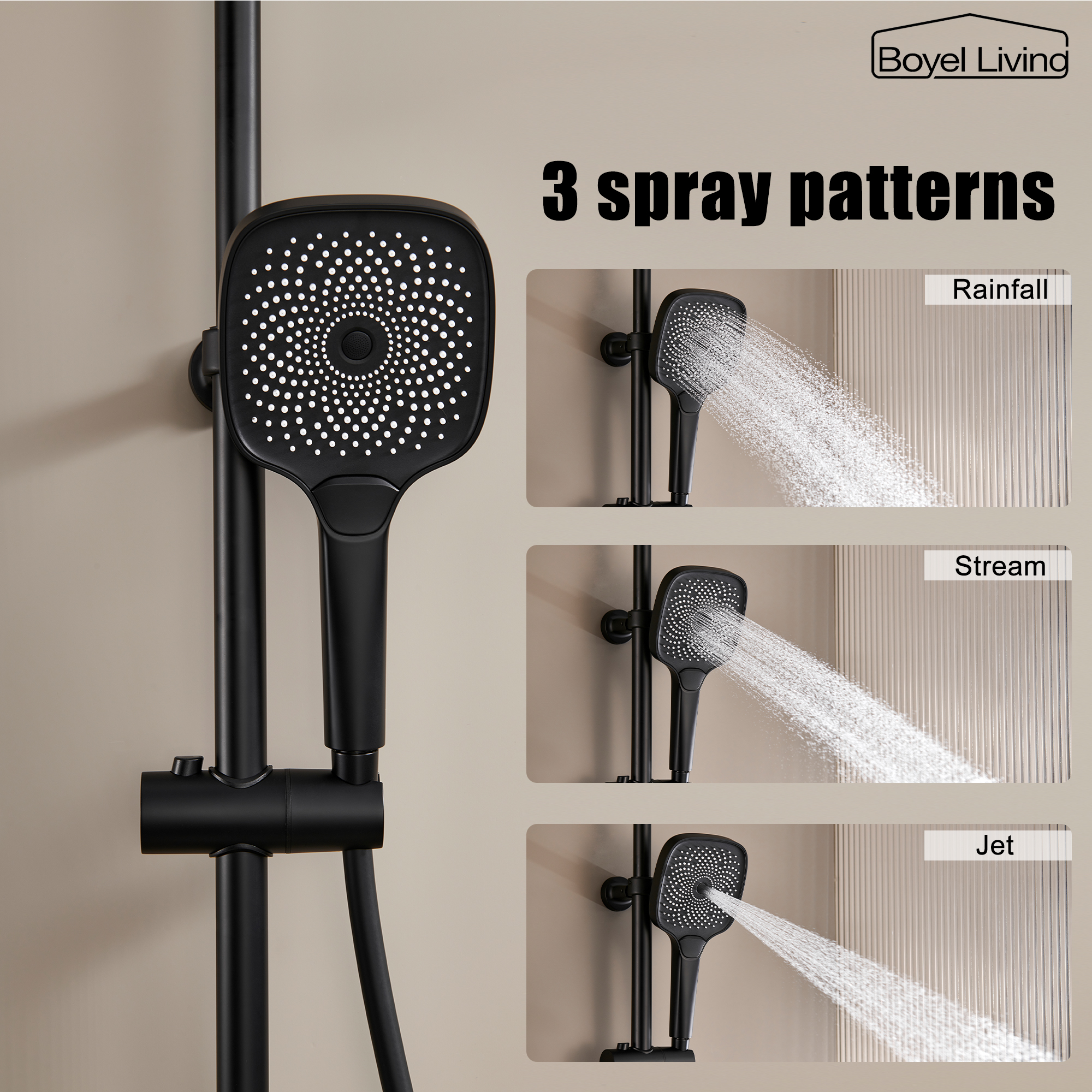 Boyel Living 3-Spray Patterns 10 in. Shower System in Matte Black