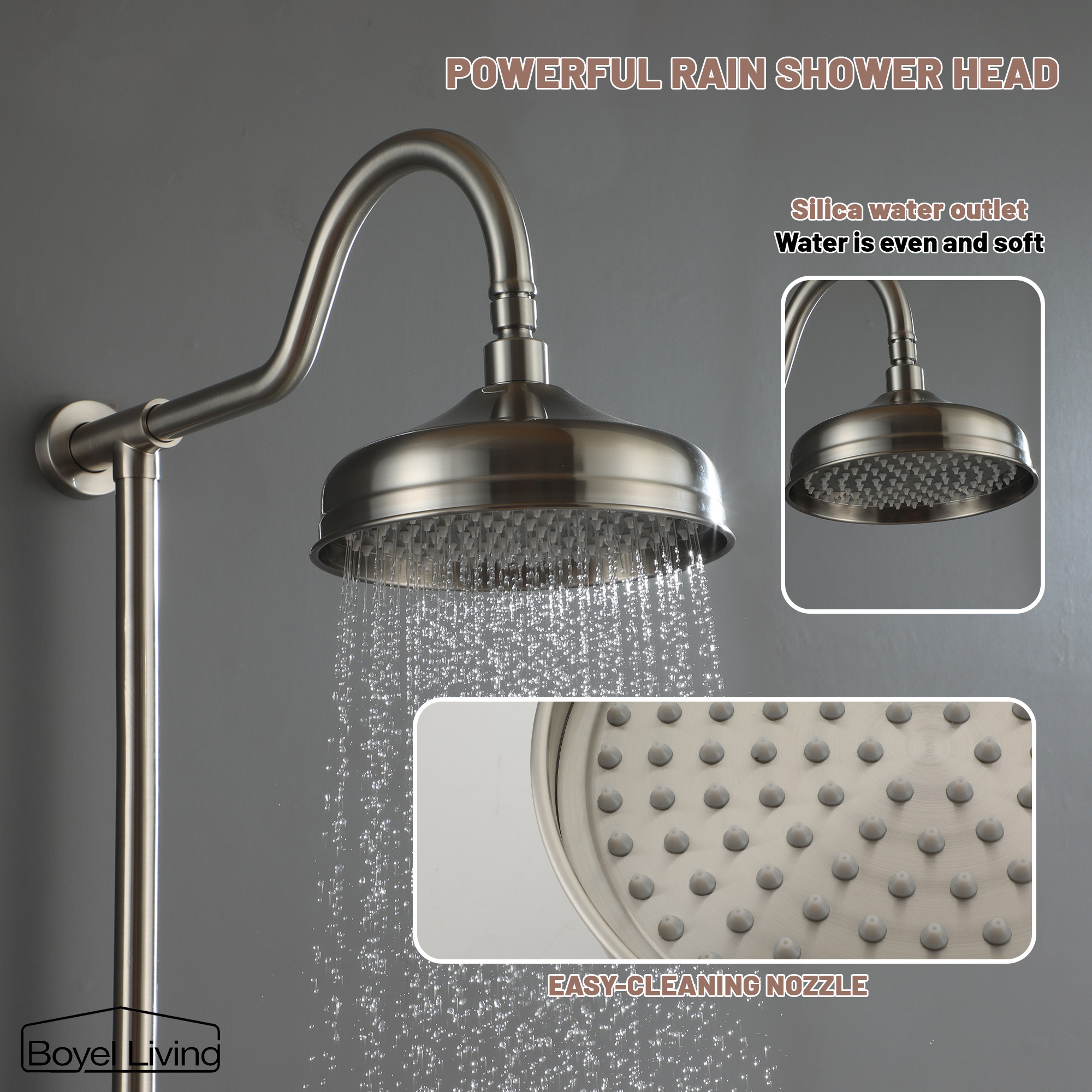 Boyel Living Polished Nickle Shower System Powerful Rain Shower Head with Easy Clean Nozzles