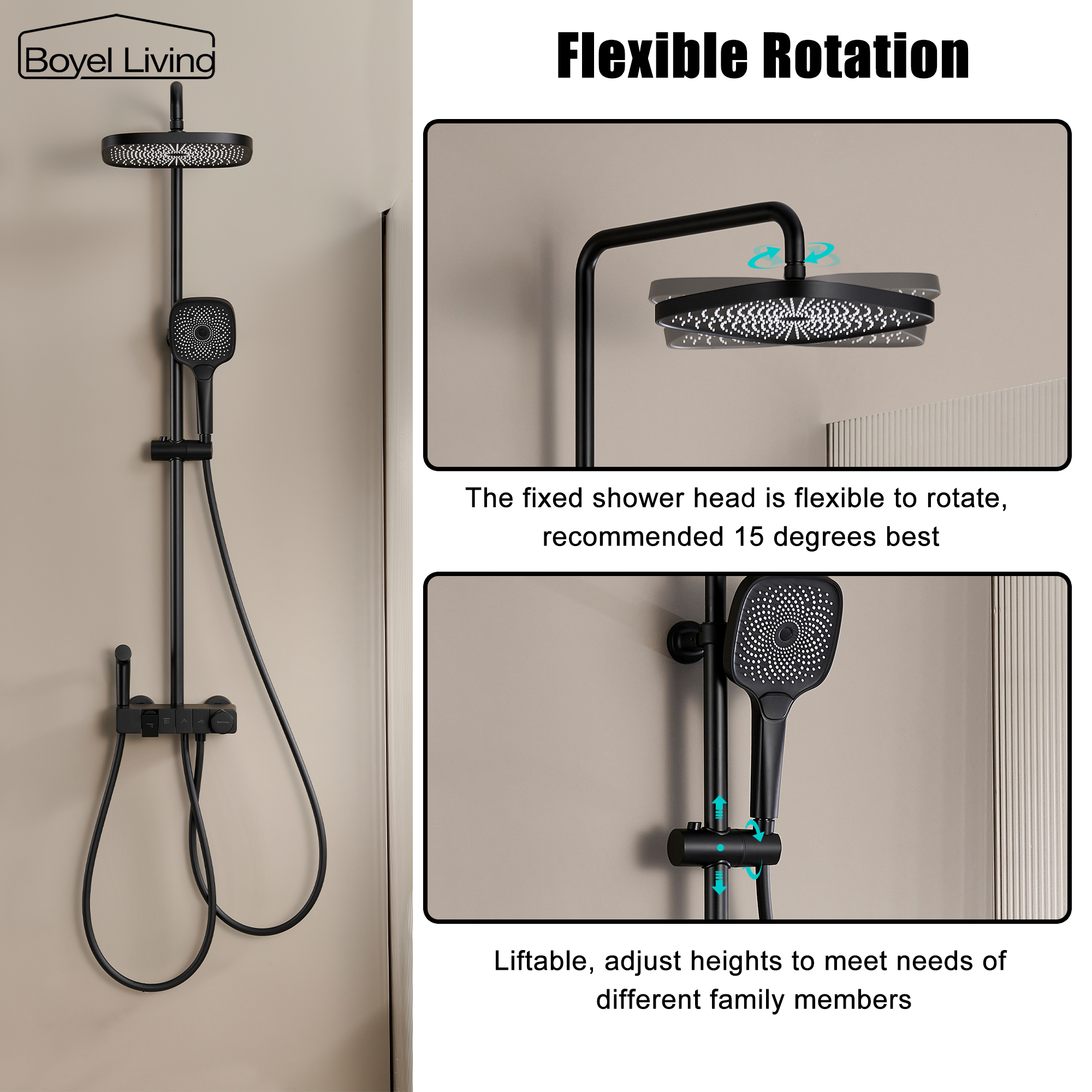 Boyel Living 3-Spray Patterns 10 in. Shower System in Matte Black
