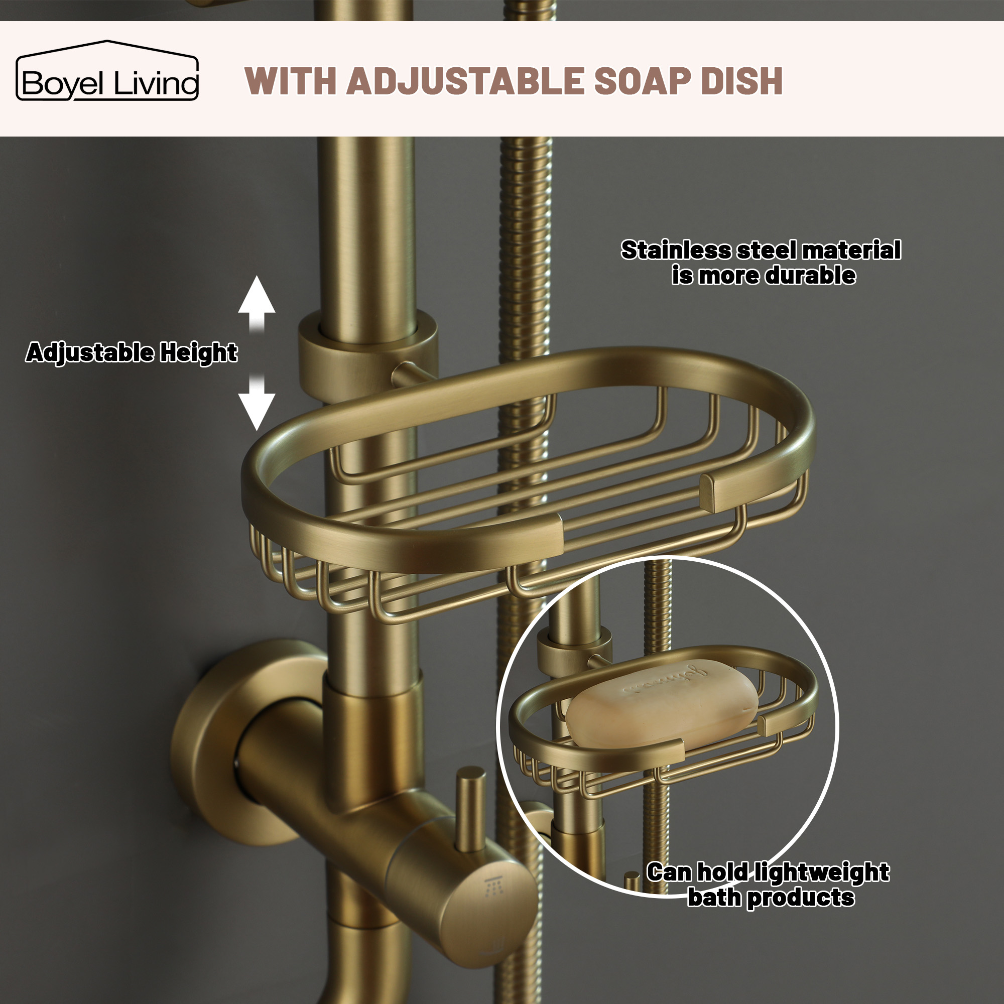 Boyel Living 10 in. Wall Mount Dual Shower Head System with 3-Spray Patterns Handheld Shower and Soap Dish in Brushed Gold