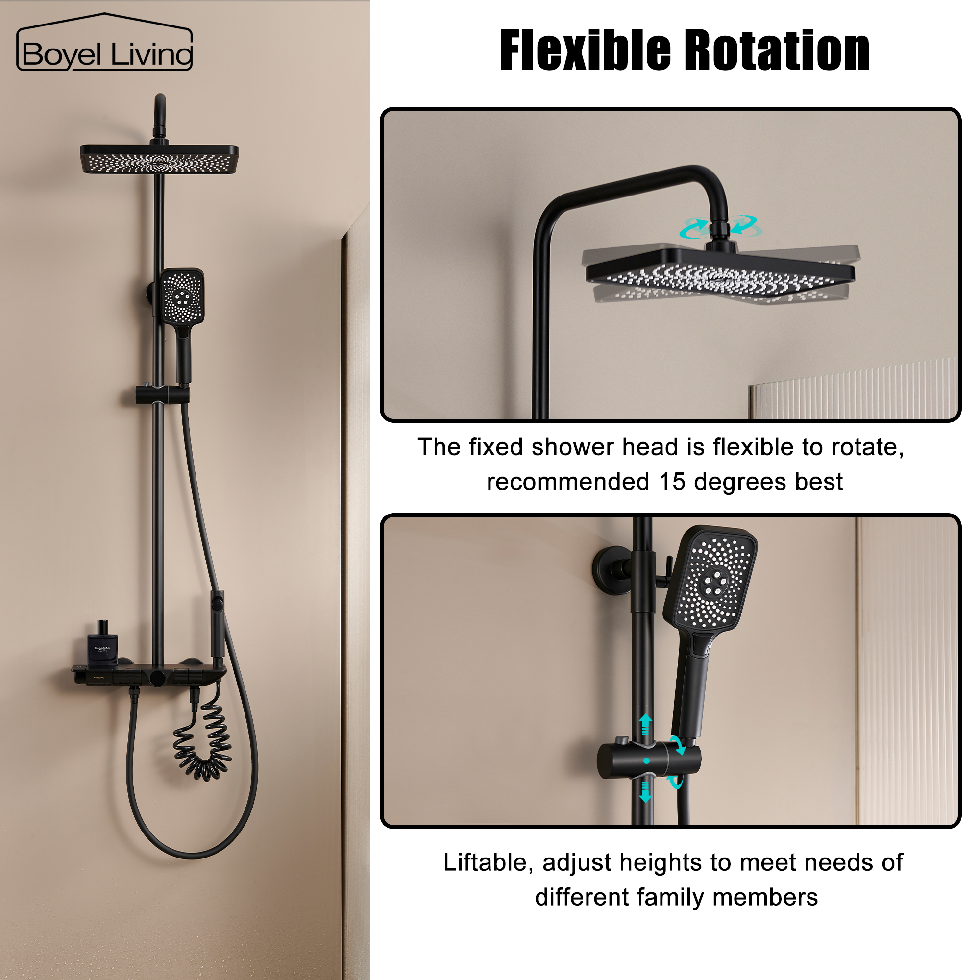 Boyel Living 3-Spray 12 in. Wall Mount Shower System in Matte Black