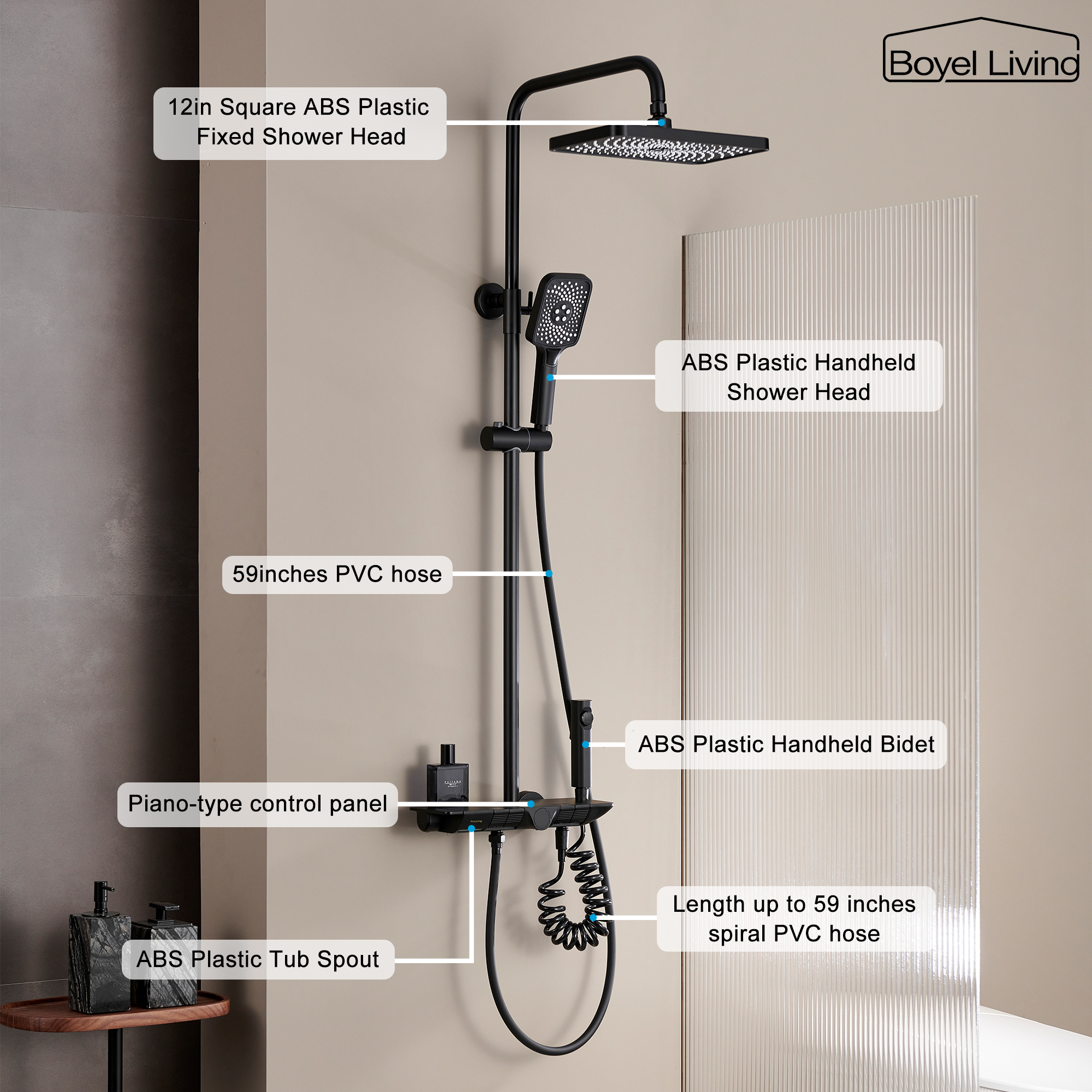 Boyel Living 3-Spray 12 in. Wall Mount Shower System in Matte Black