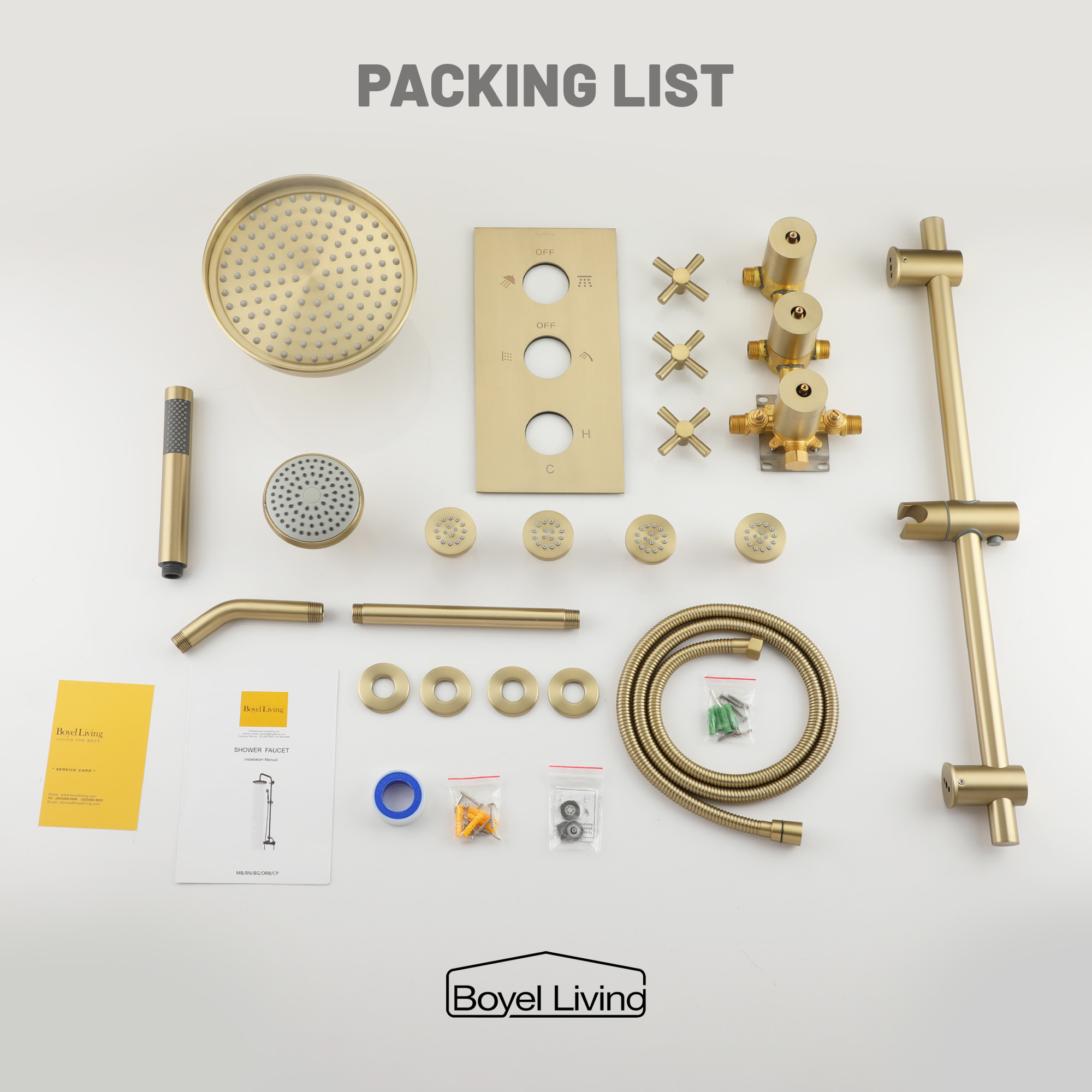 Boyel Living Complete Shower System with Handheld and Side Spray Jets Packing List