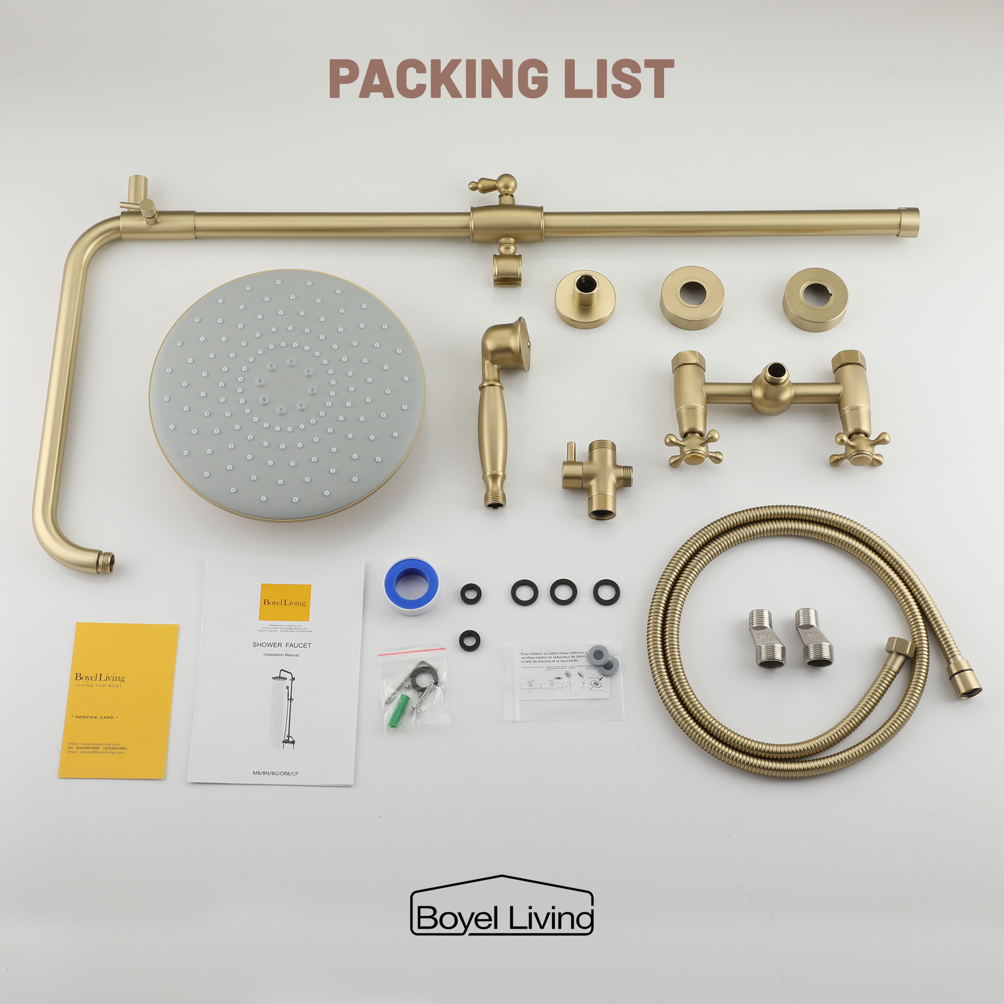Boyel Living Wall Mount Brushed Gold Complete Shower System Packing List