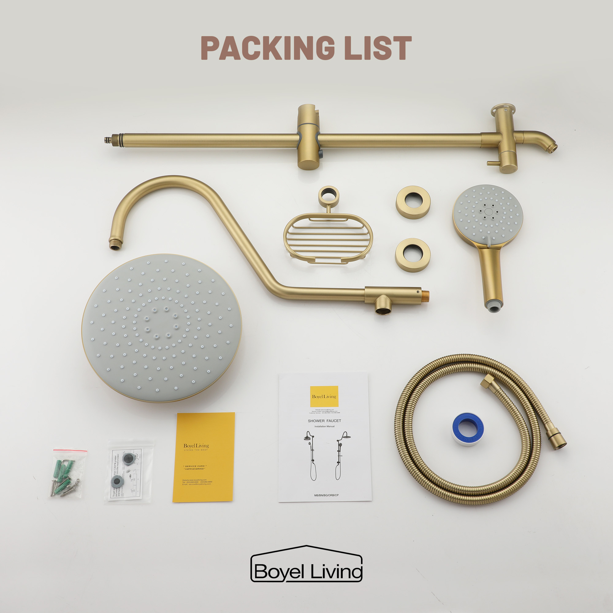 Boyel Living 2.5 GPM 10 in. Wall Mount Dual Shower Heads with 3-Spray Patterns Handheld Shower and Soap Dish Packling List