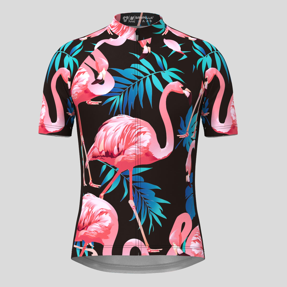 Men's Flamingo & Tropical Print Cycling Jersey - Black