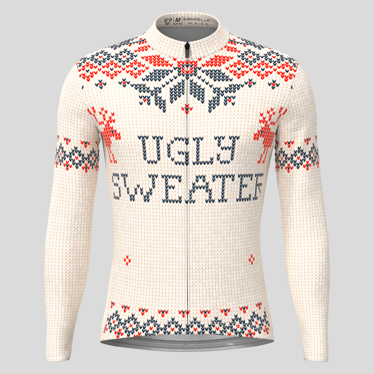 XMAS Ugly Sweater Themed Men's LS Cycling Jersey - Beige