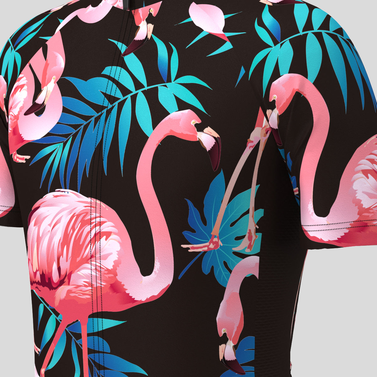 Men's Flamingo & Tropical Print Cycling Jersey - Black