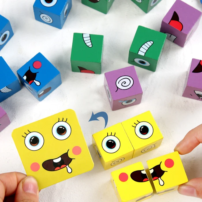 New wooden educational toy matching face changing building block puzzle-Topselling