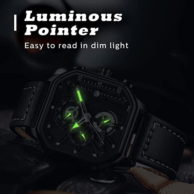 Mens Square Quartz Watch Luminous Date Waterproof Chronograph-Topselling