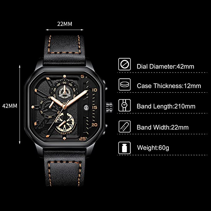 Mens Square Quartz Watch Luminous Date Waterproof Chronograph-Topselling