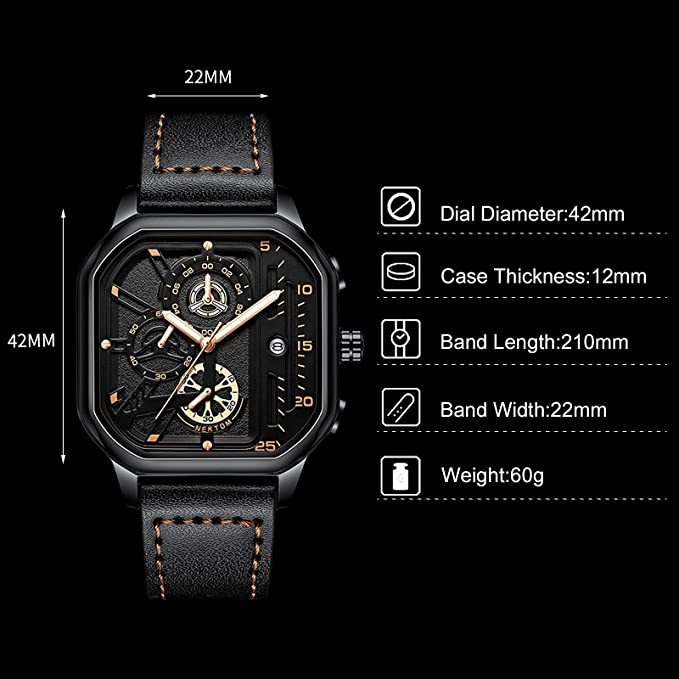Mens Square Quartz Watch Luminous Date Waterproof Chronograph-Topselling