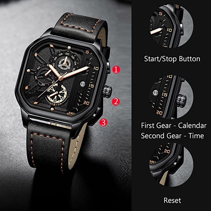 Mens Square Quartz Watch Luminous Date Waterproof Chronograph-Topselling