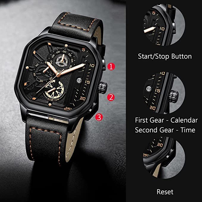 Mens Square Quartz Watch Luminous Date Waterproof Chronograph-Topselling