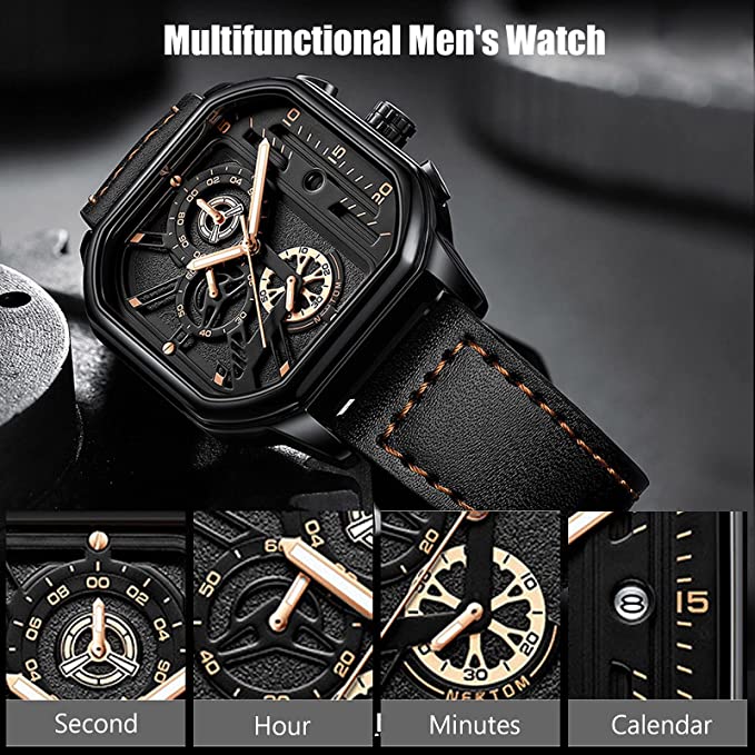 Mens Square Quartz Watch Luminous Date Waterproof Chronograph-Topselling