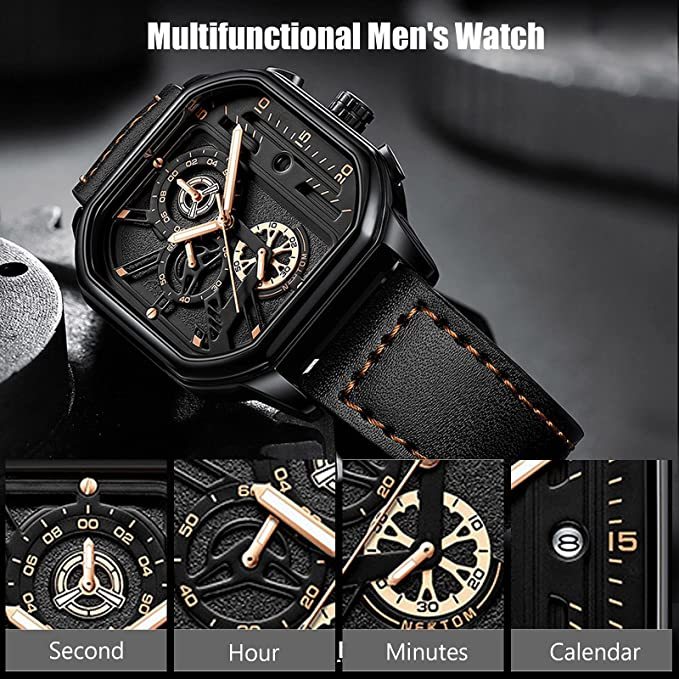Mens Square Quartz Watch Luminous Date Waterproof Chronograph-Topselling