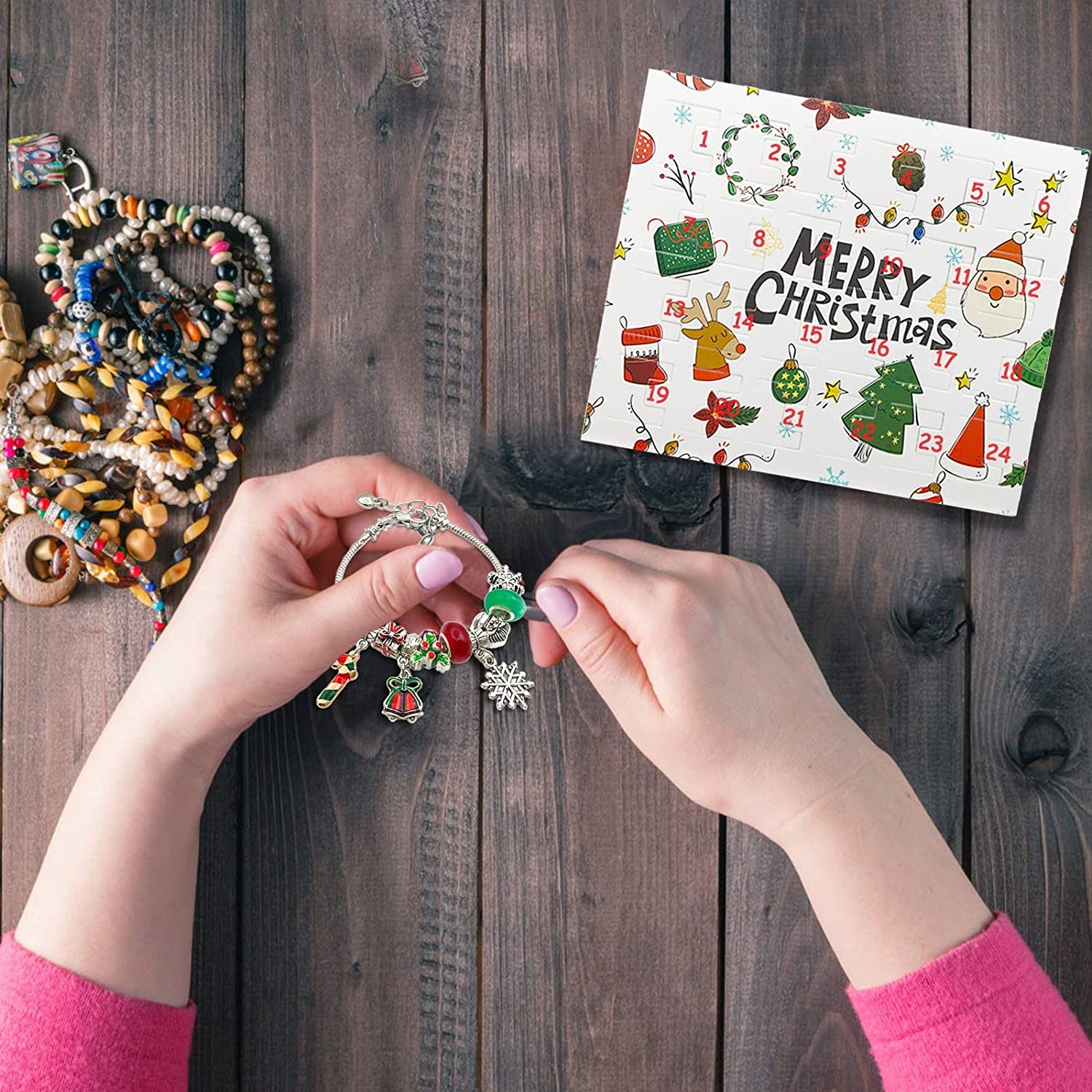24 Days Countdown to Christmas Themed Surprise Blind Box Bracelet Ideas DIY Jewelry Kit Christmas Gifts-Topselling