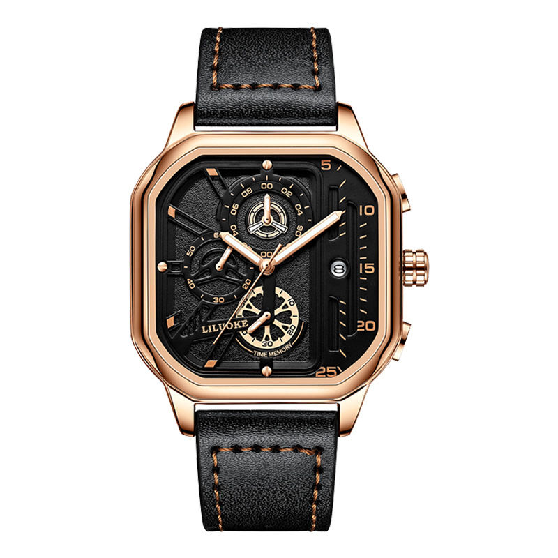 Mens Square Quartz Watch Luminous Date Waterproof Chronograph-Topselling