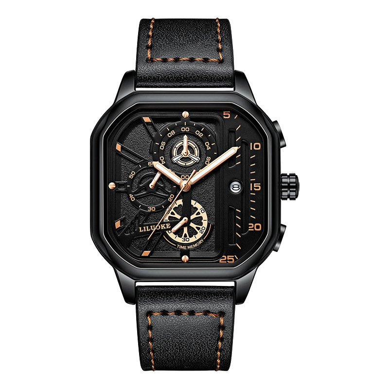 Mens Square Quartz Watch Luminous Date Waterproof Chronograph