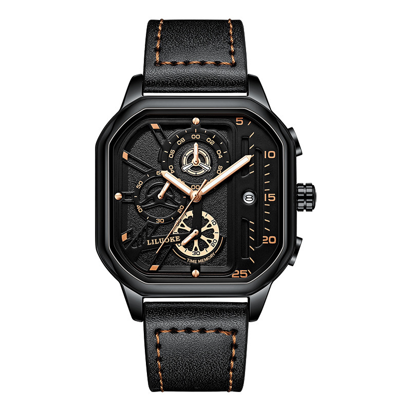 Mens Square Quartz Watch Luminous Date Waterproof Chronograph-Topselling