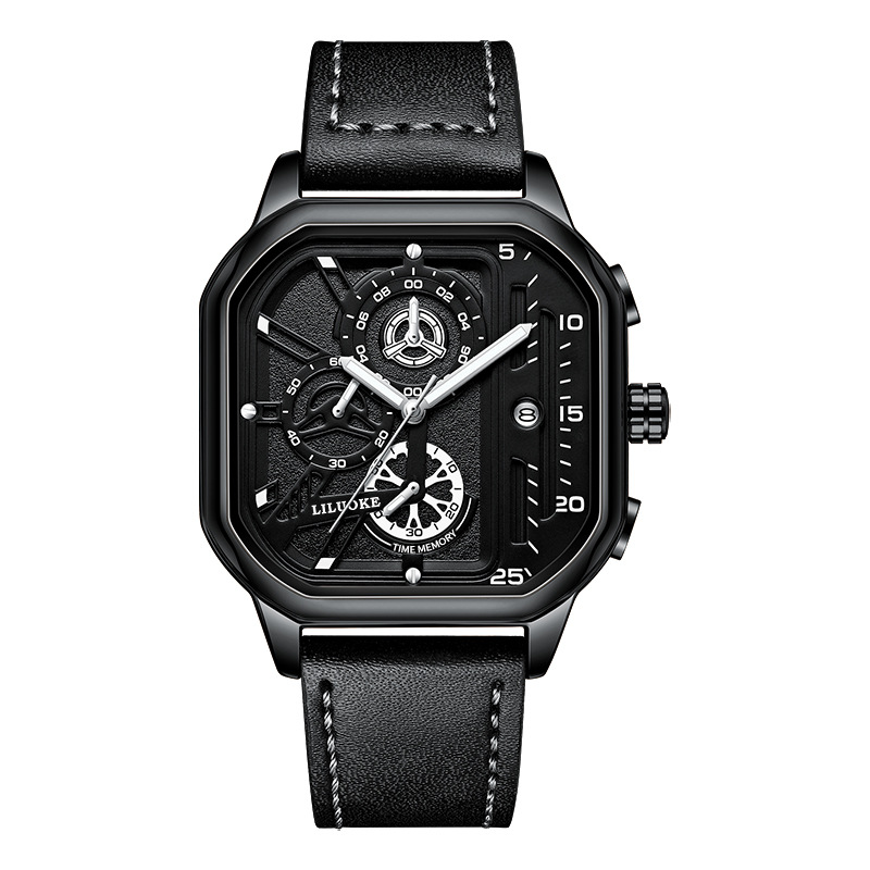 Mens Square Quartz Watch Luminous Date Waterproof Chronograph