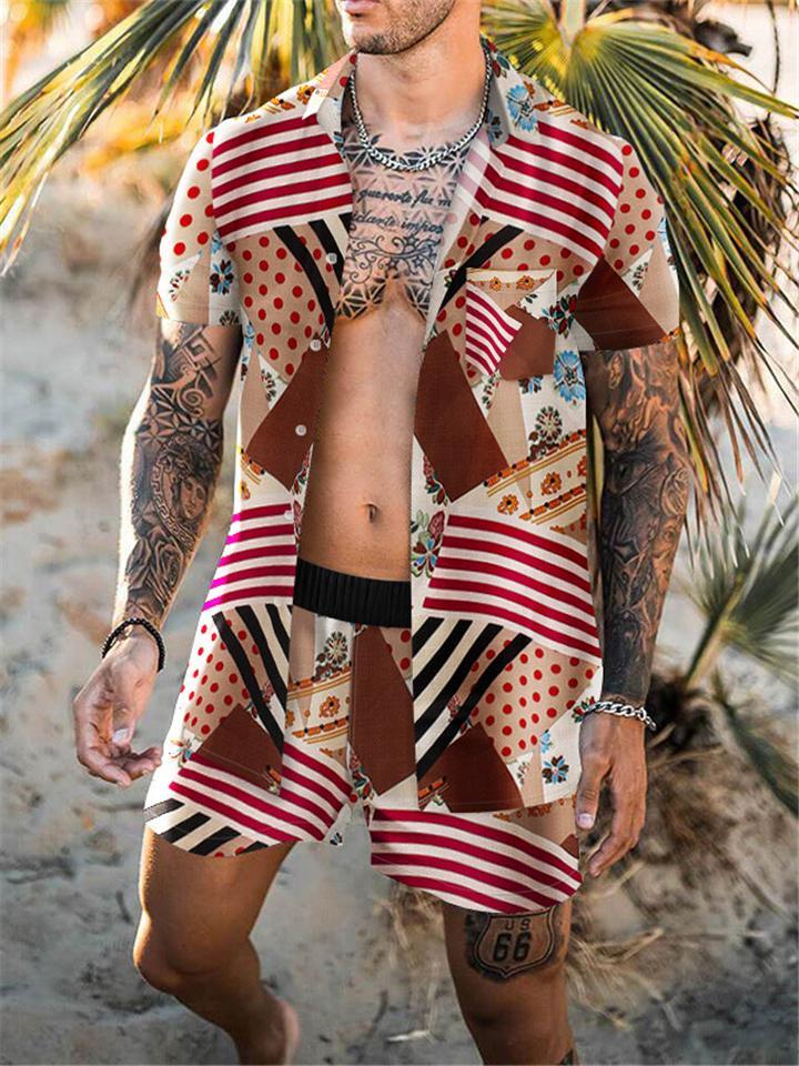 Men’s Fashion Slim Fit Print Beach Short Sleeve Shirts+Shorts